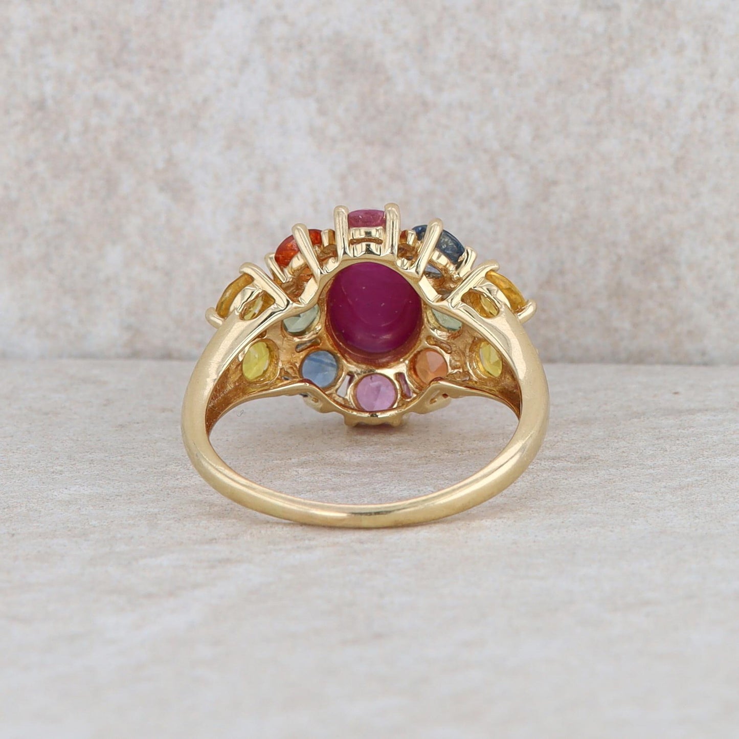 10k Yellow Gold Multi Colored Sapphires and Cabochon Ruby Ring