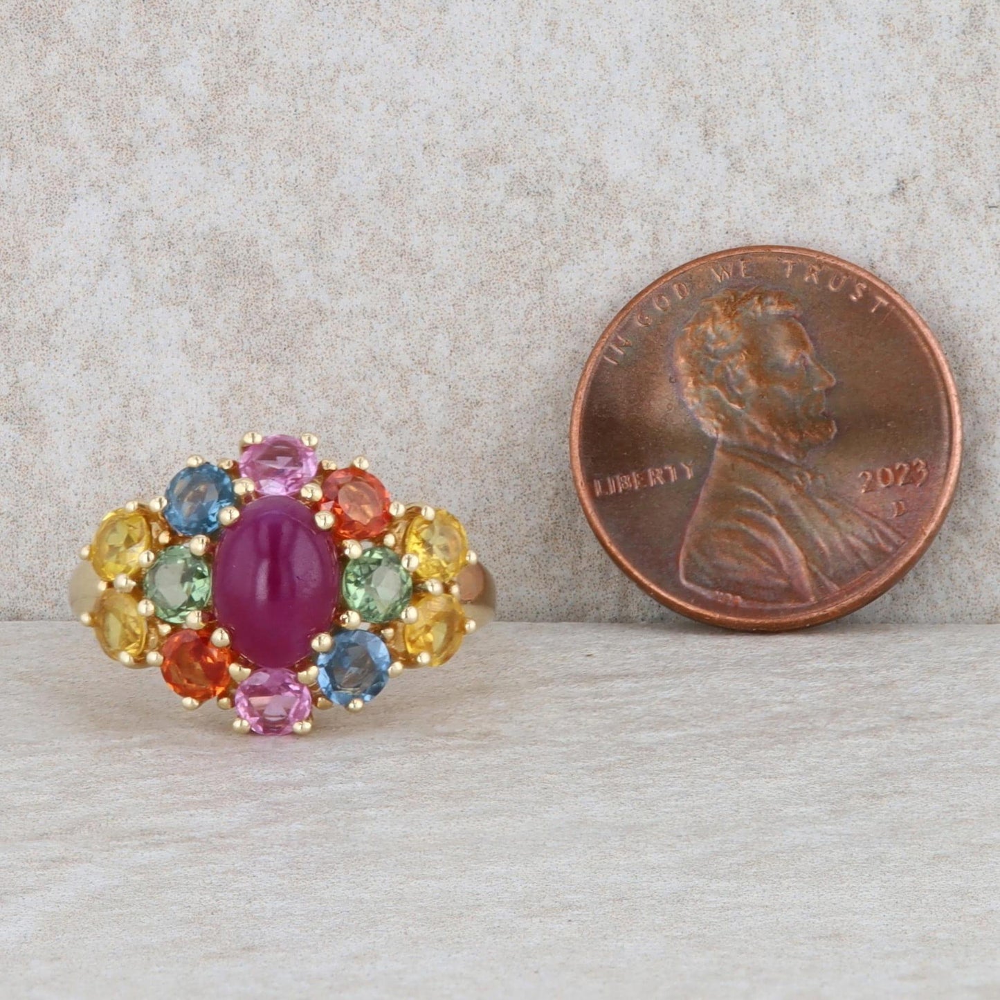 10k Yellow Gold Multi Colored Sapphires and Cabochon Ruby Ring