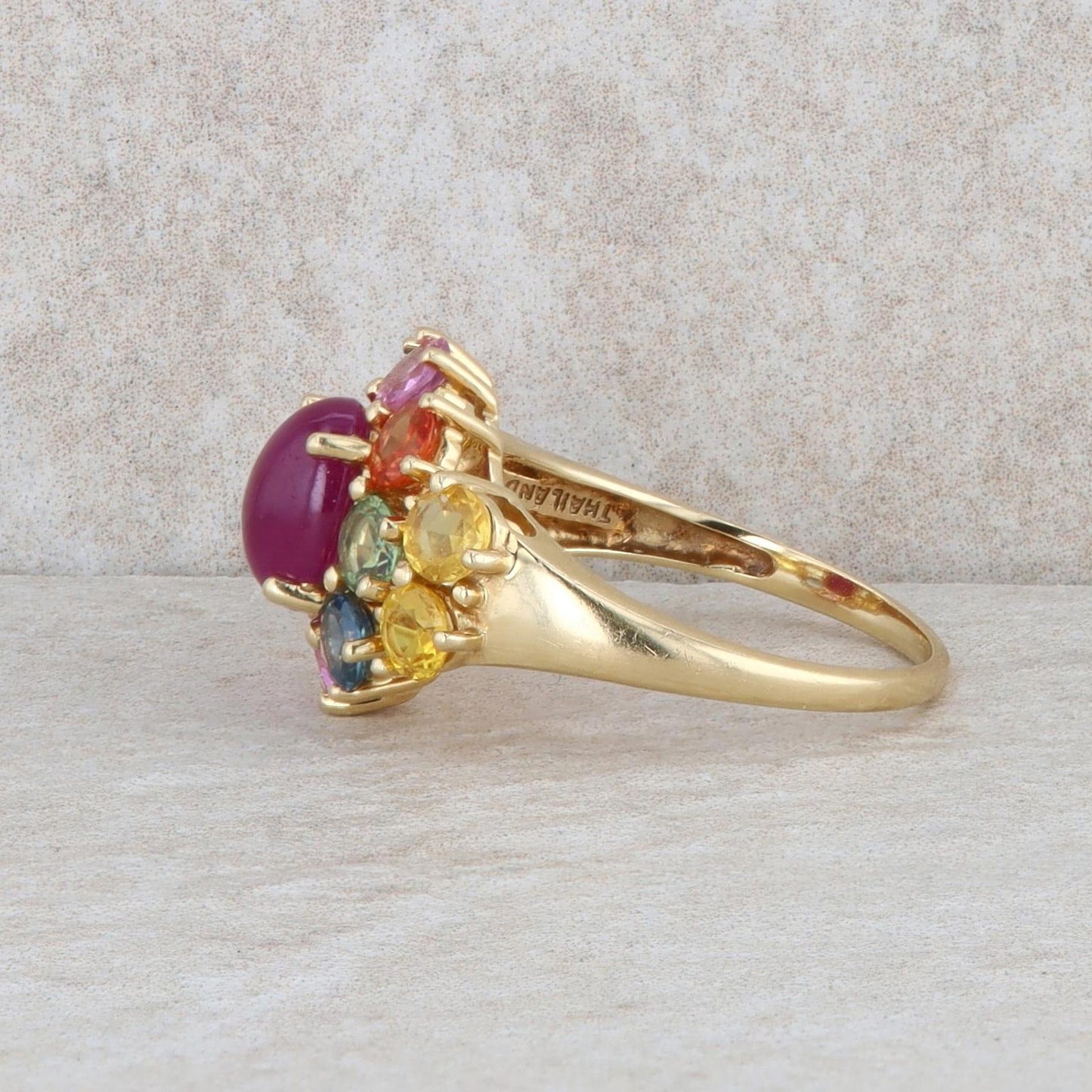 10k Yellow Gold Multi Colored Sapphires and Cabochon Ruby Ring