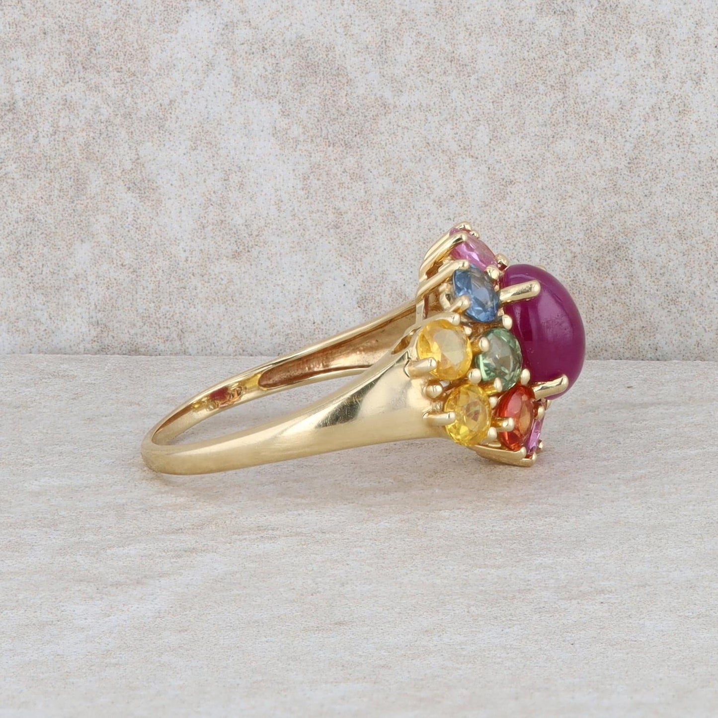 10k Yellow Gold Multi Colored Sapphires and Cabochon Ruby Ring