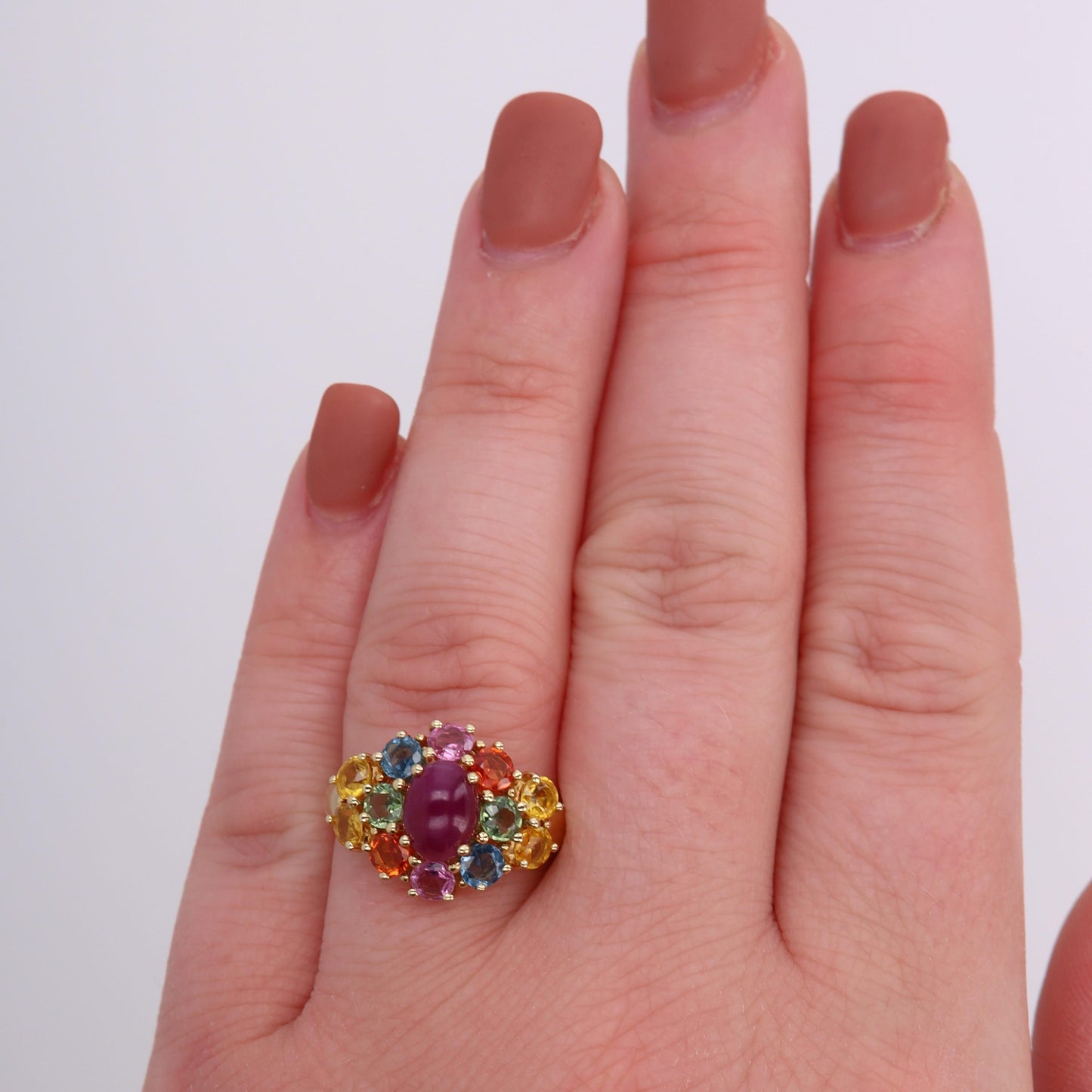 10k Yellow Gold Multi Colored Sapphires and Cabochon Ruby Ring