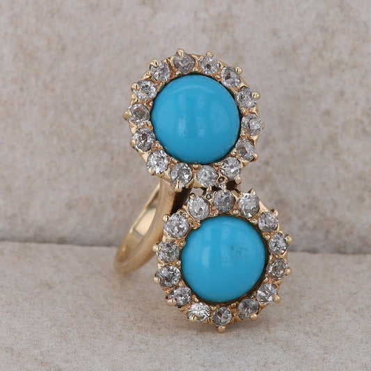 14k Yellow Gold Turquoise and Diamond Double Bypass Halo Ring