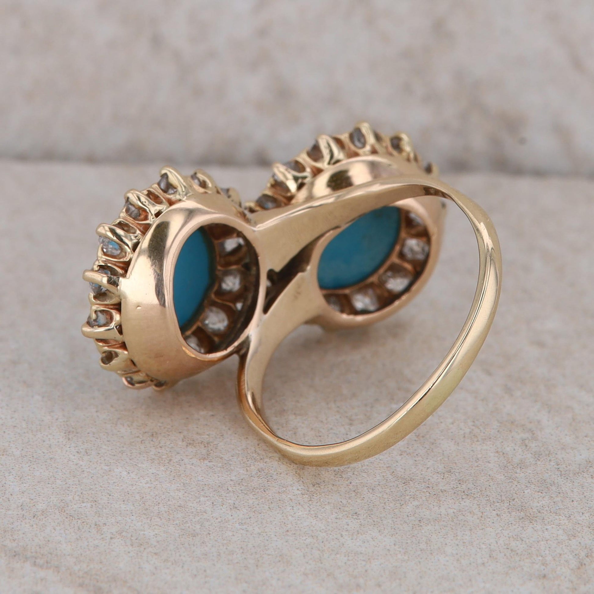 14k Yellow Gold Turquoise and Diamond Double Bypass Halo Ring