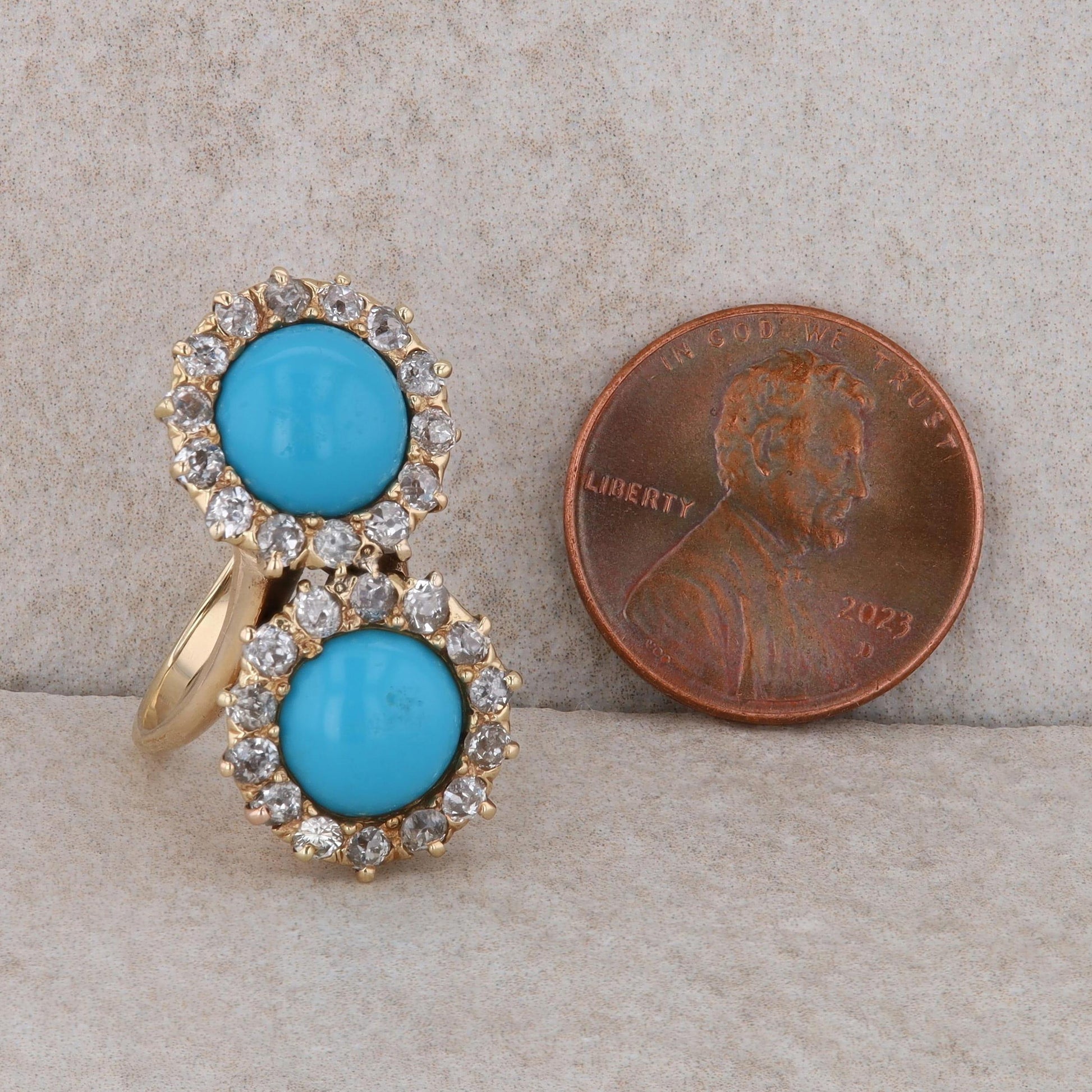 14k Yellow Gold Turquoise and Diamond Double Bypass Halo Ring