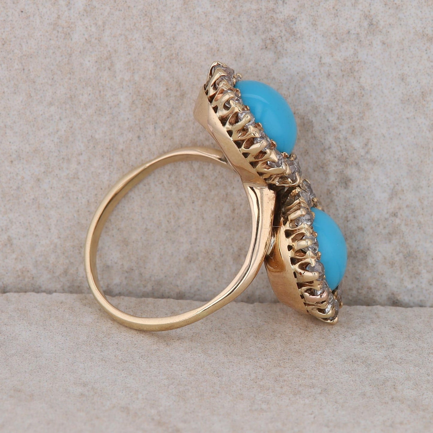 14k Yellow Gold Turquoise and Diamond Double Bypass Halo Ring