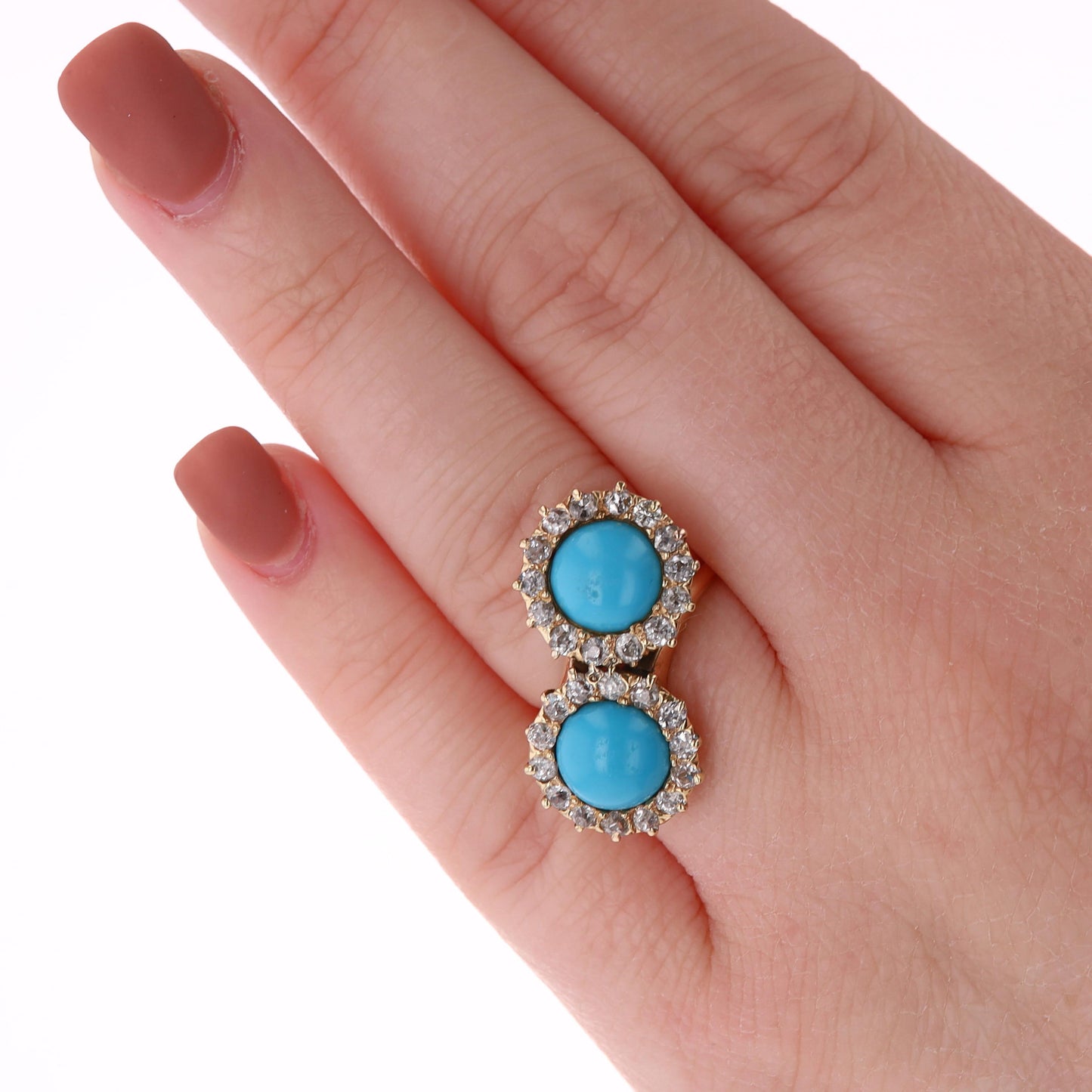 14k Yellow Gold Turquoise and Diamond Double Bypass Halo Ring