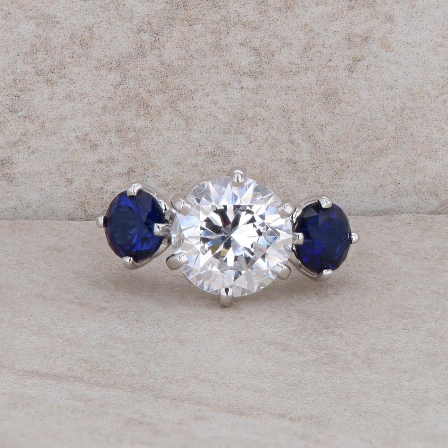 14k White Gold Cubic Zirconia and Synthetic Sapphire Three Stone Ring