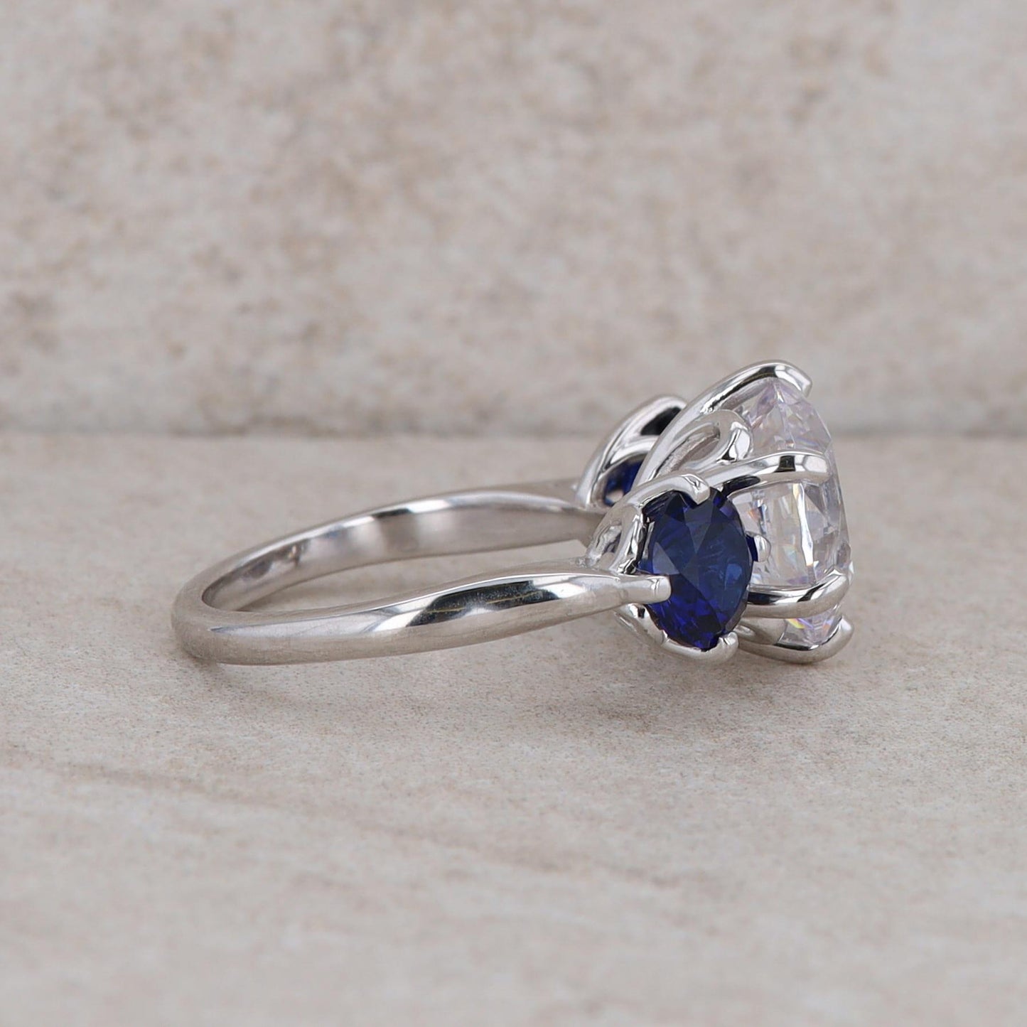 14k White Gold Cubic Zirconia and Synthetic Sapphire Three Stone Ring