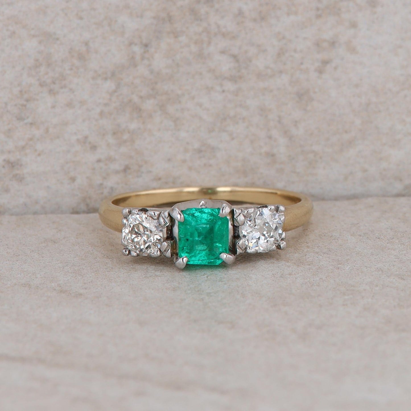 14k Yellow Gold Emerald and Diamond Three Stone Ring