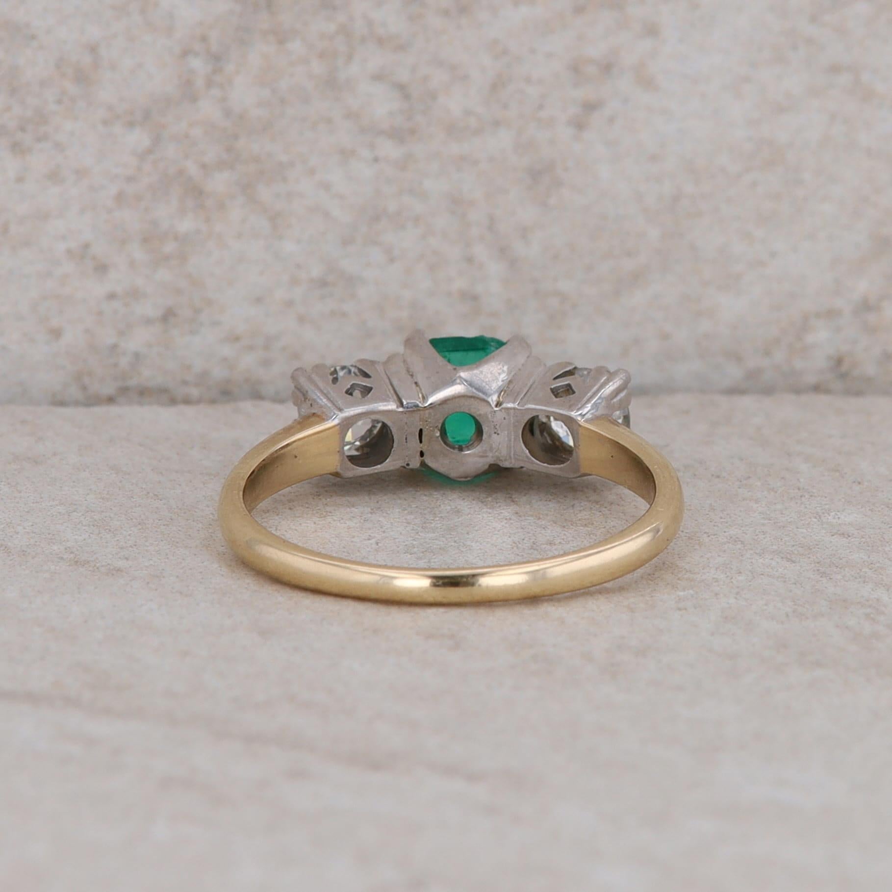 14k Yellow Gold Emerald and Diamond Three Stone Ring