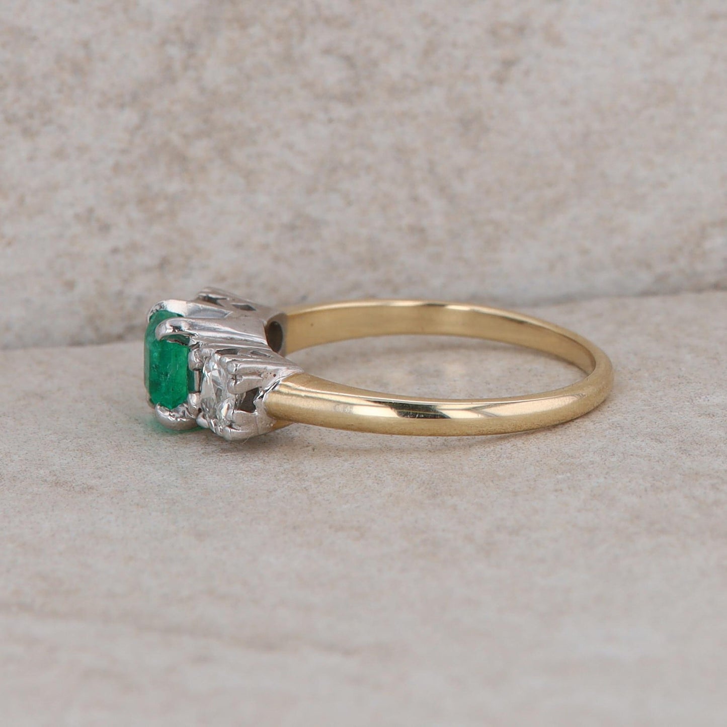 14k Yellow Gold Emerald and Diamond Three Stone Ring