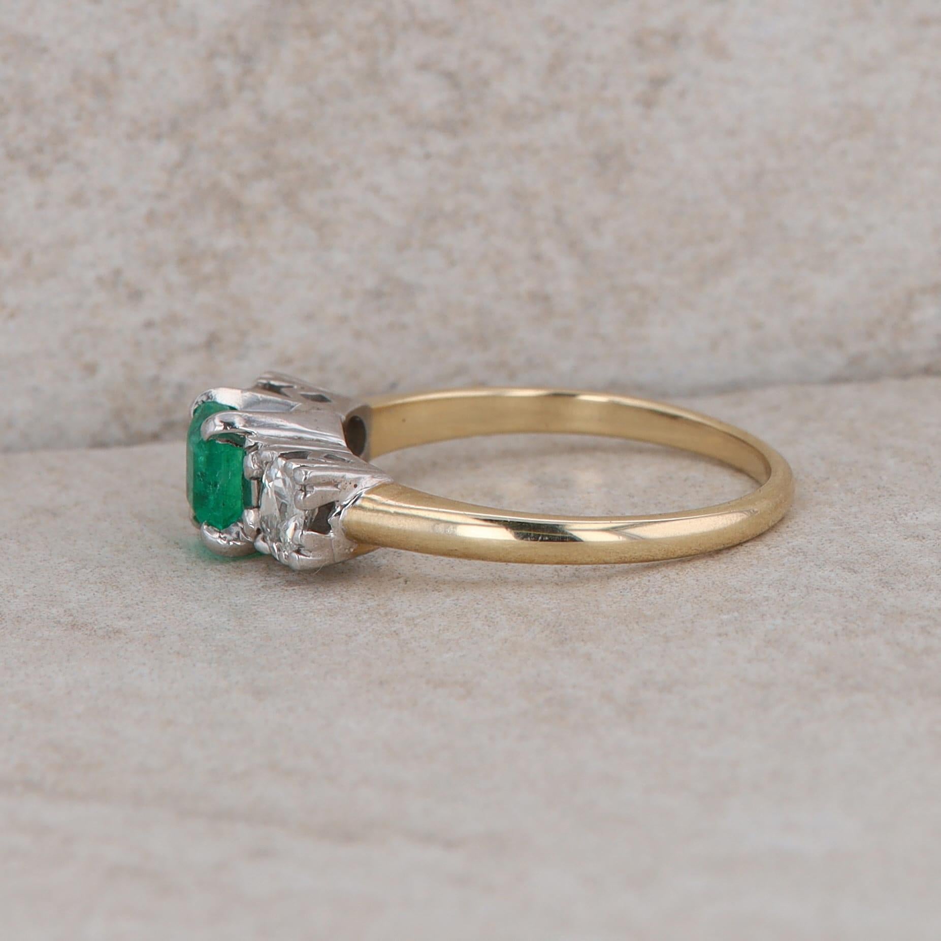 14k Yellow Gold Emerald and Diamond Three Stone Ring