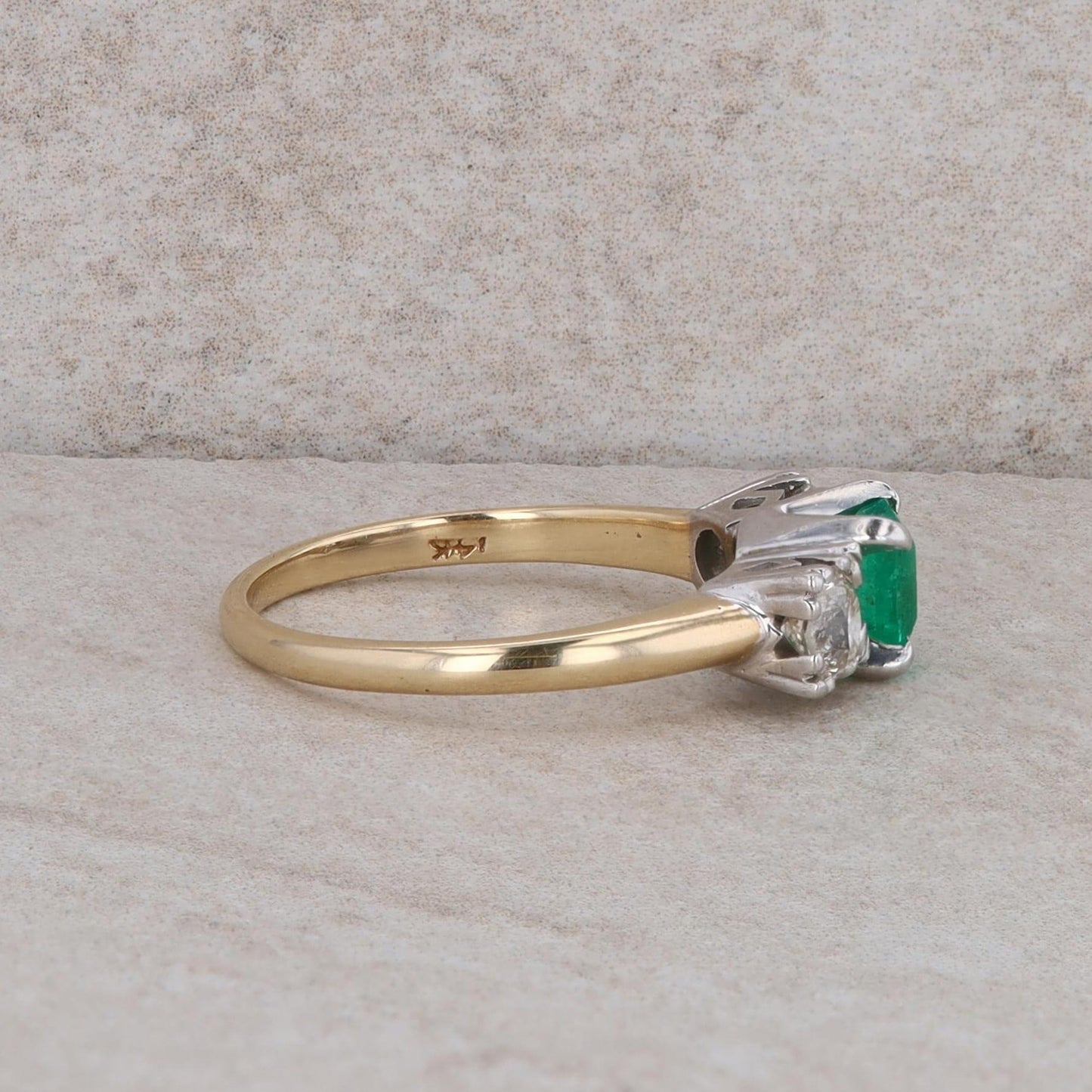 14k Yellow Gold Emerald and Diamond Three Stone Ring