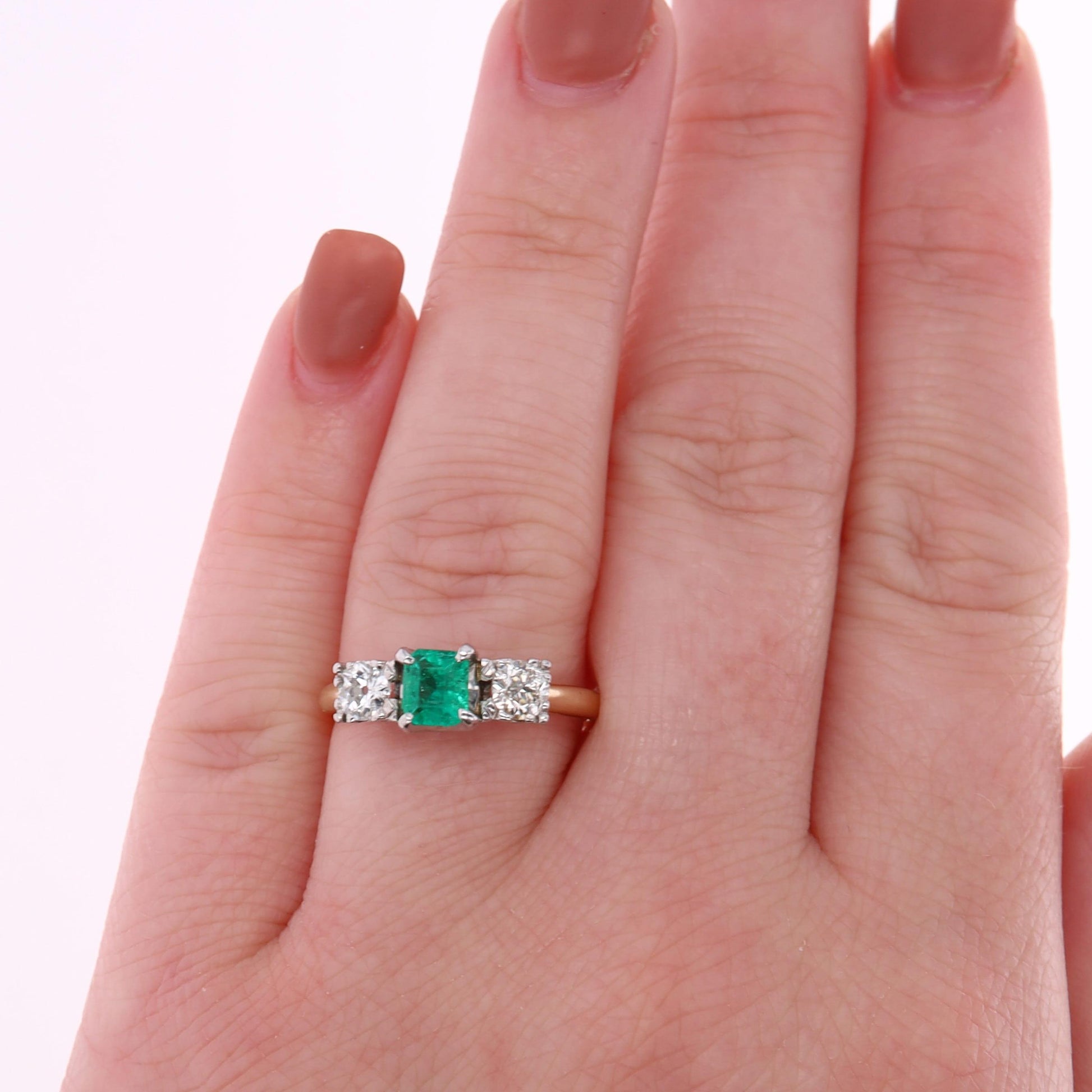 14k Yellow Gold Emerald and Diamond Three Stone Ring