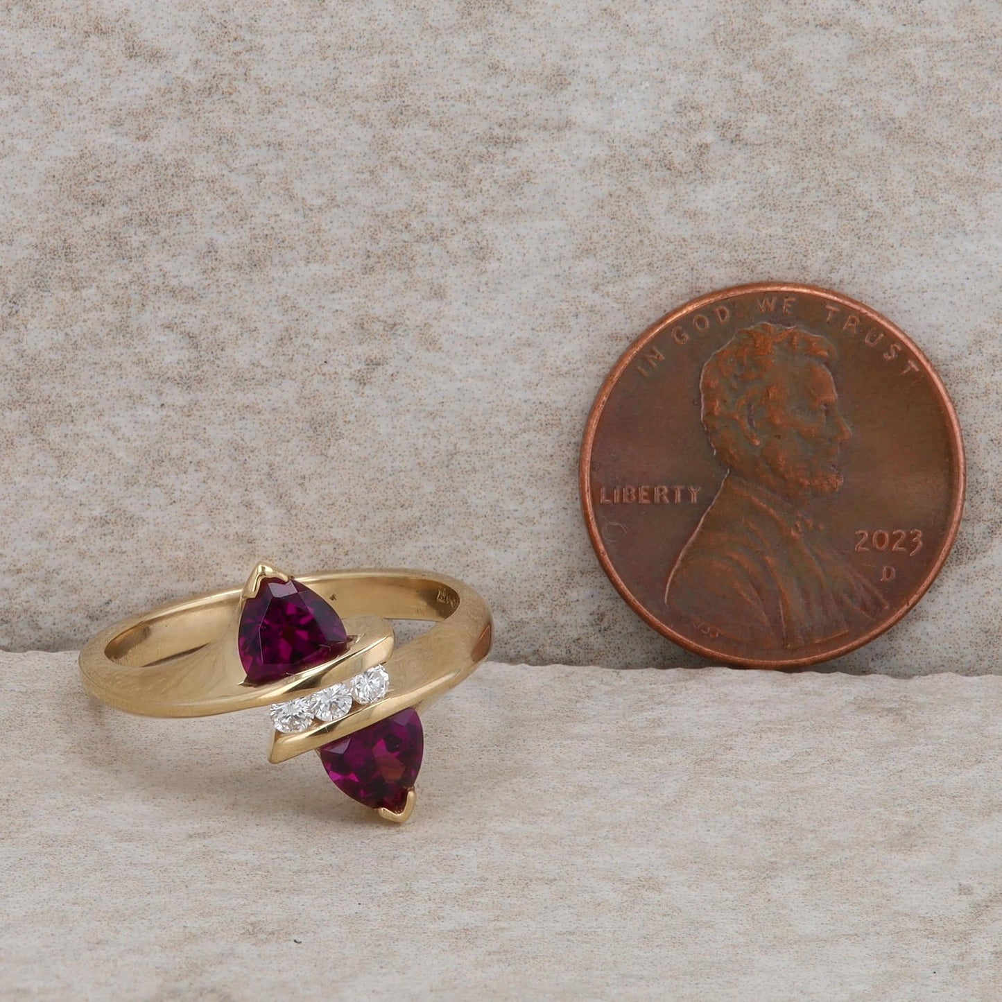 14k Yellow Gold Trillion Rhodolite Garnet and Diamond Ring