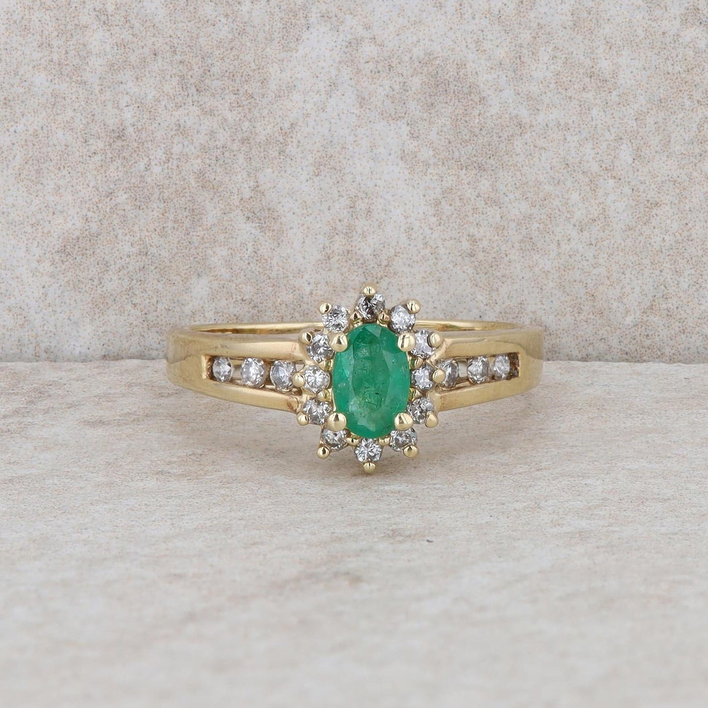 10k Yellow Gold Emerald and Diamond Halo Ring