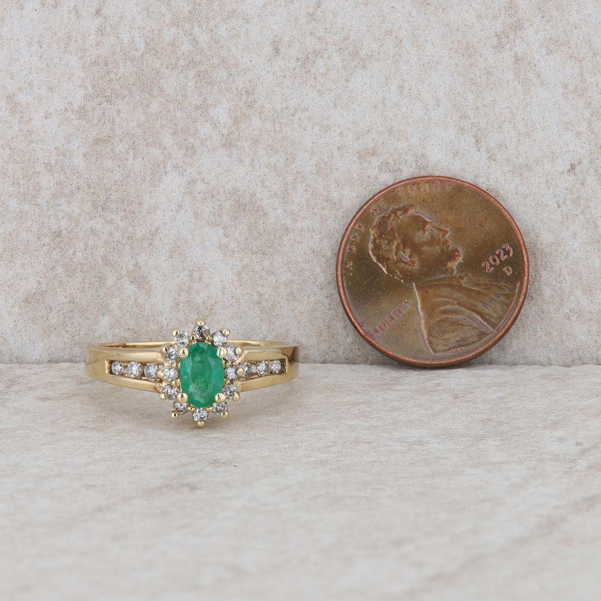 10k Yellow Gold Emerald and Diamond Halo Ring