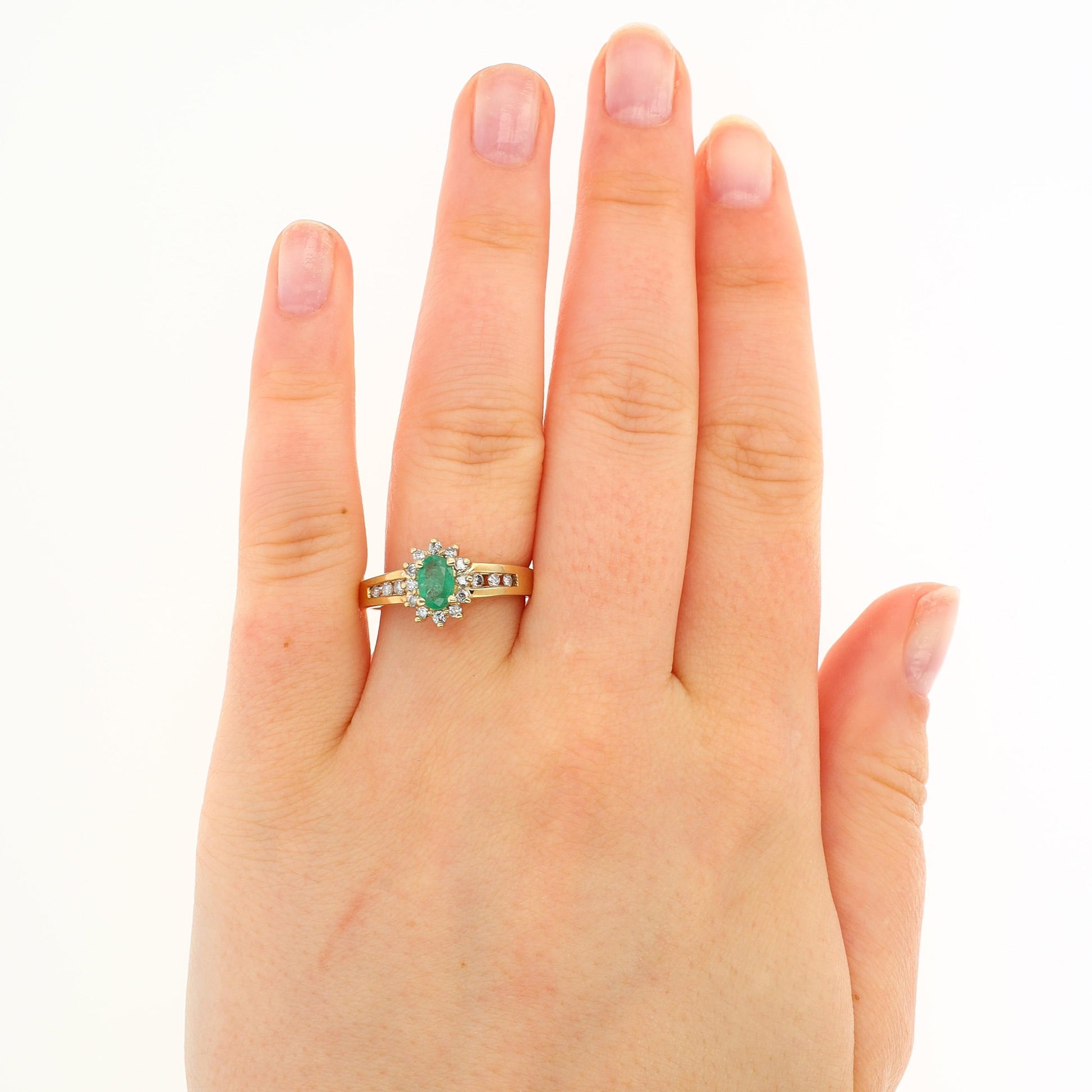 10k Yellow Gold Emerald and Diamond Halo Ring