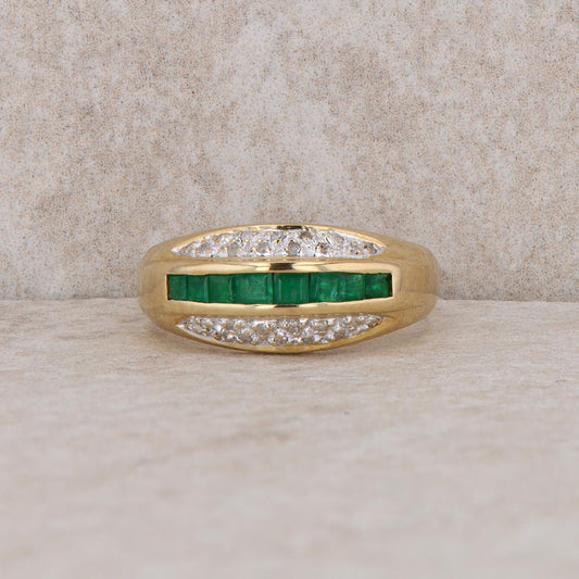 14k Yellow Gold Diamond and Emerald Domed Ring