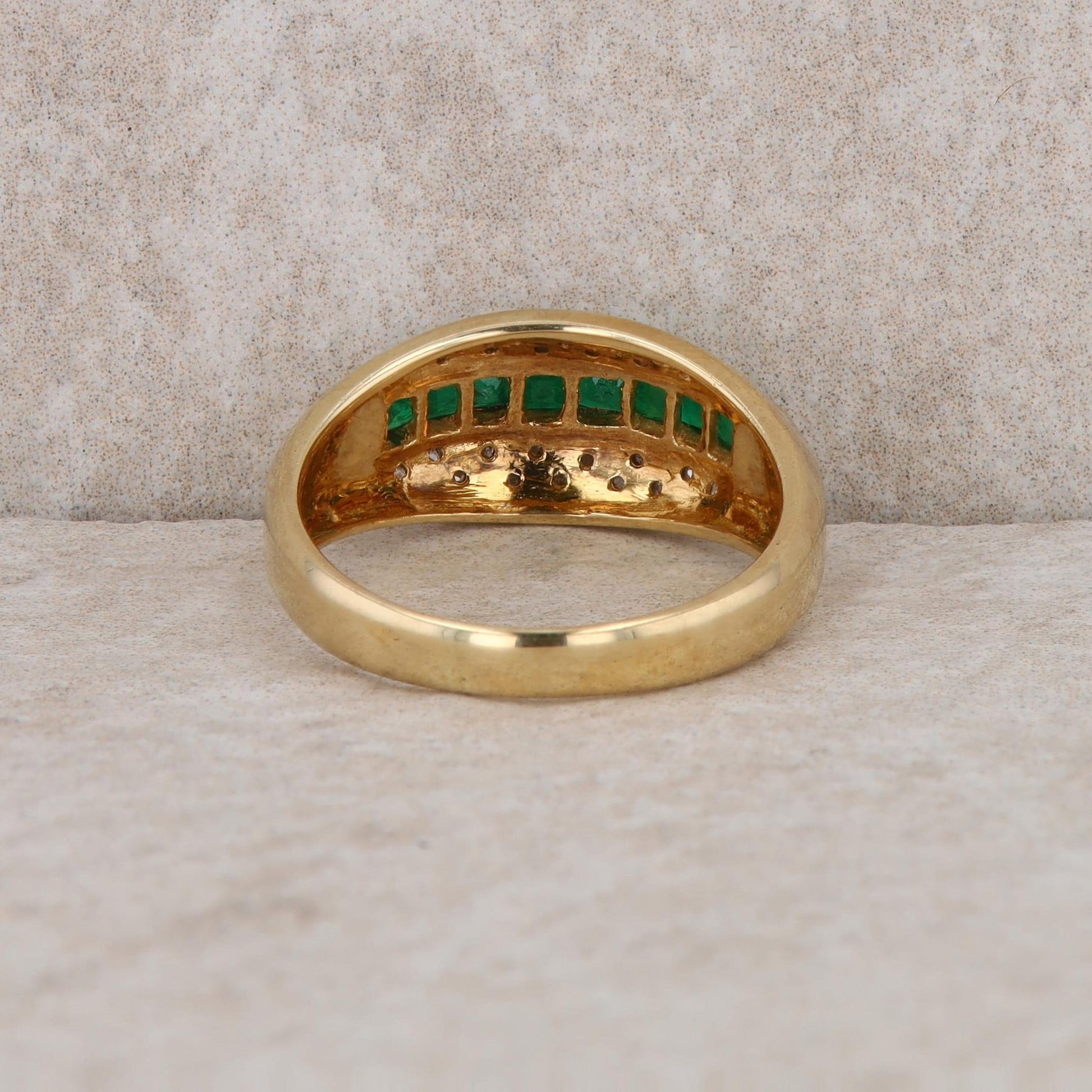 14k Yellow Gold Diamond and Emerald Domed Ring