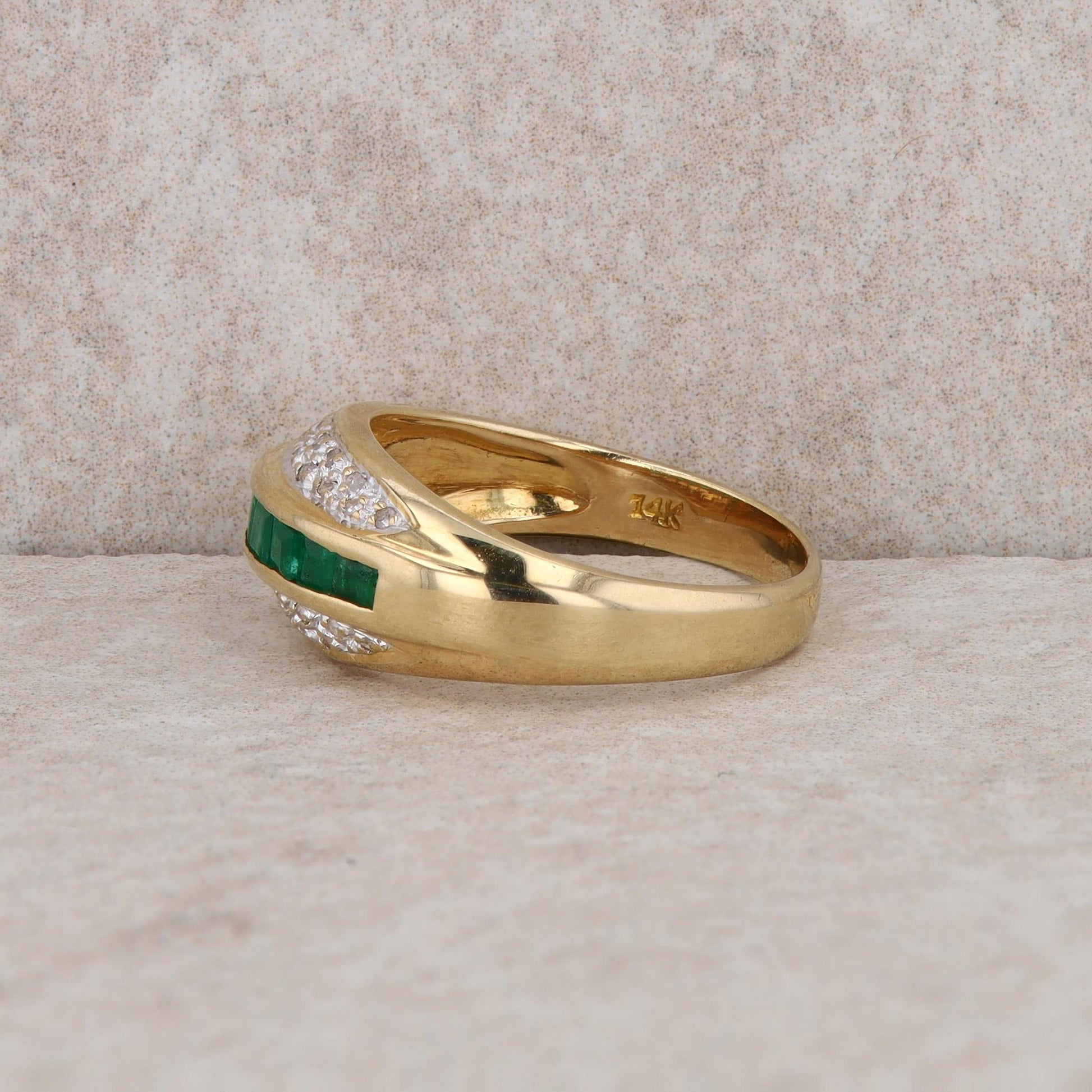 14k Yellow Gold Diamond and Emerald Domed Ring