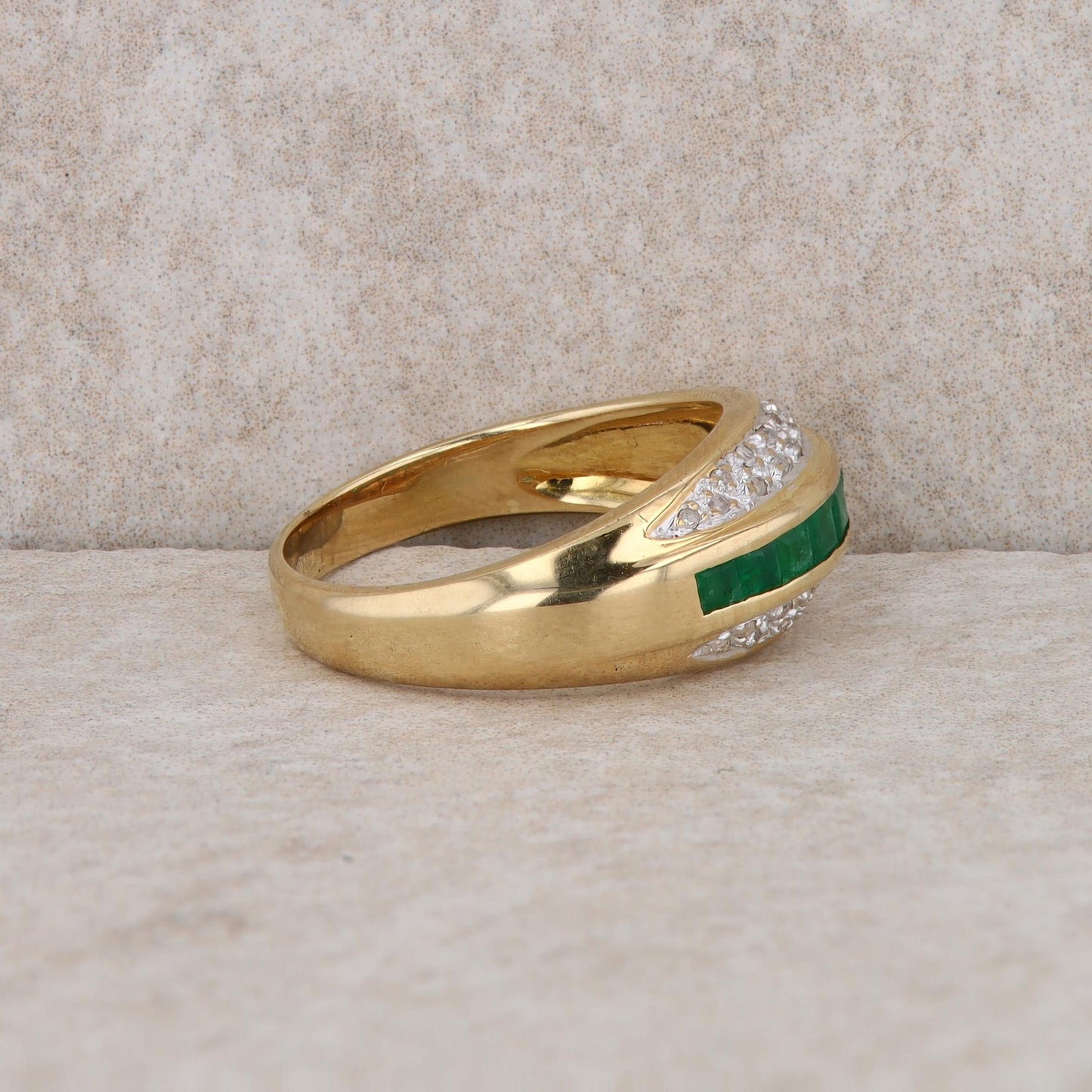 14k Yellow Gold Diamond and Emerald Domed Ring