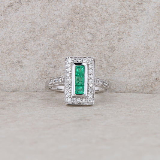 14k White Gold Emerald and Diamond Dinner Ring