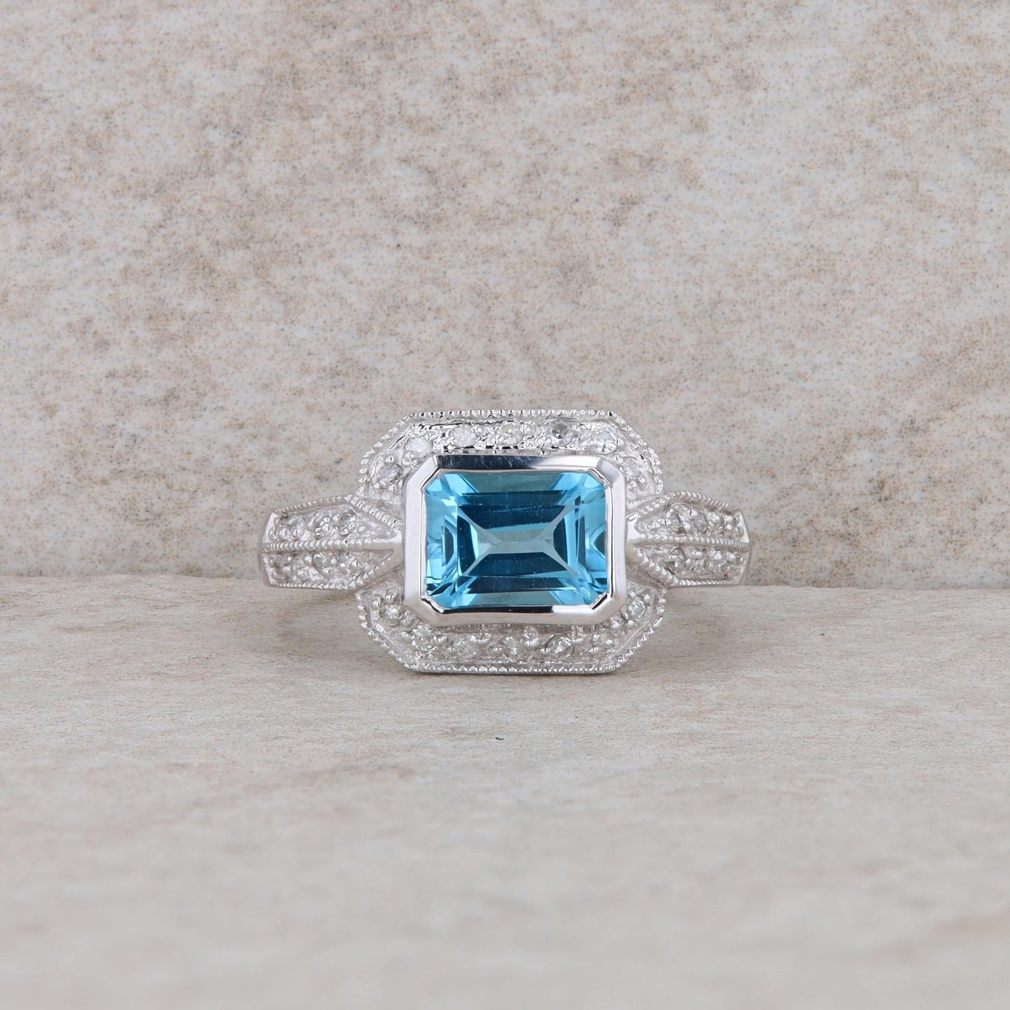 14k White Gold Blue Topaz and Diamond Halo Ring