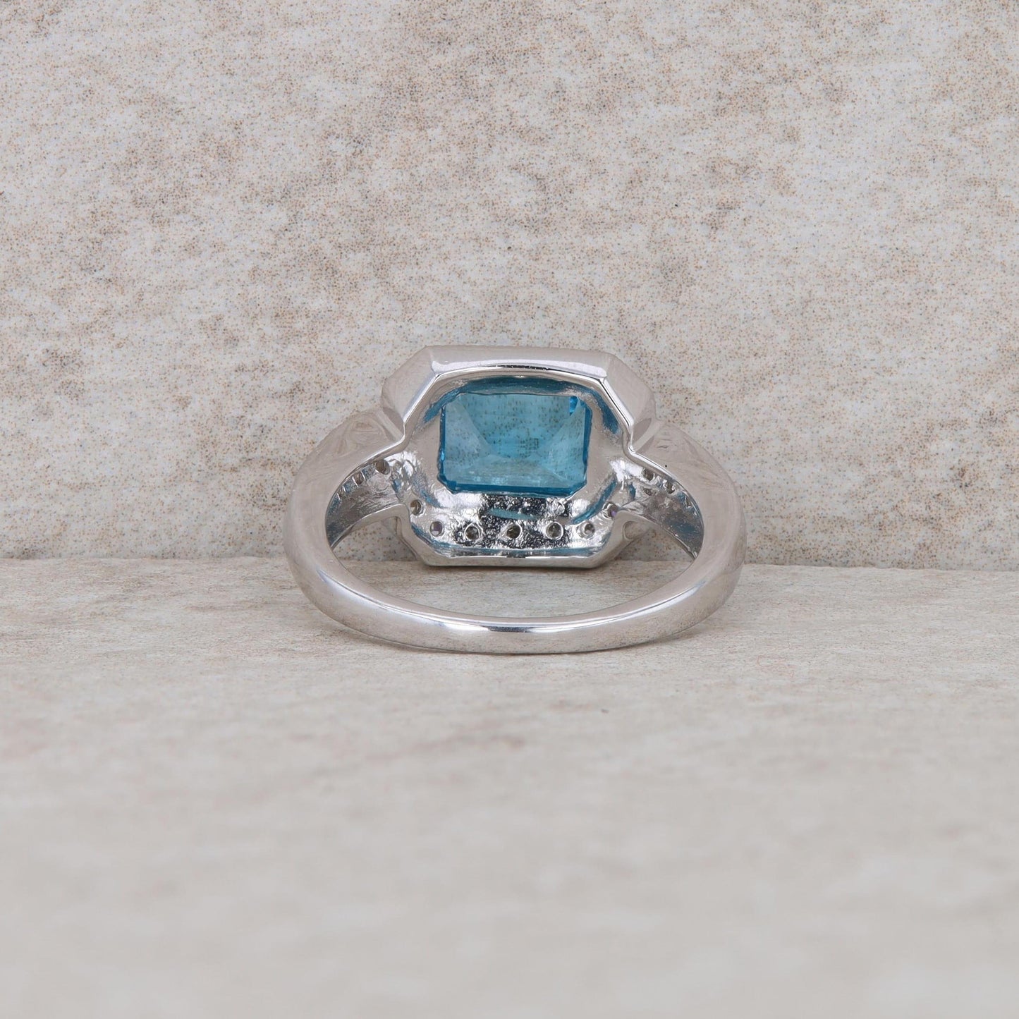 14k White Gold Blue Topaz and Diamond Halo Ring