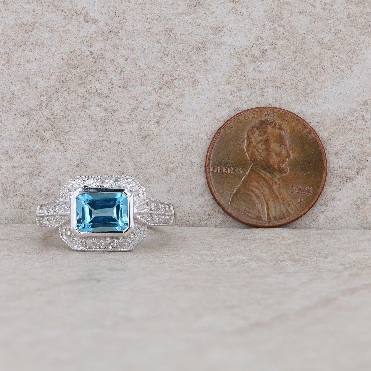 14k White Gold Blue Topaz and Diamond Halo Ring