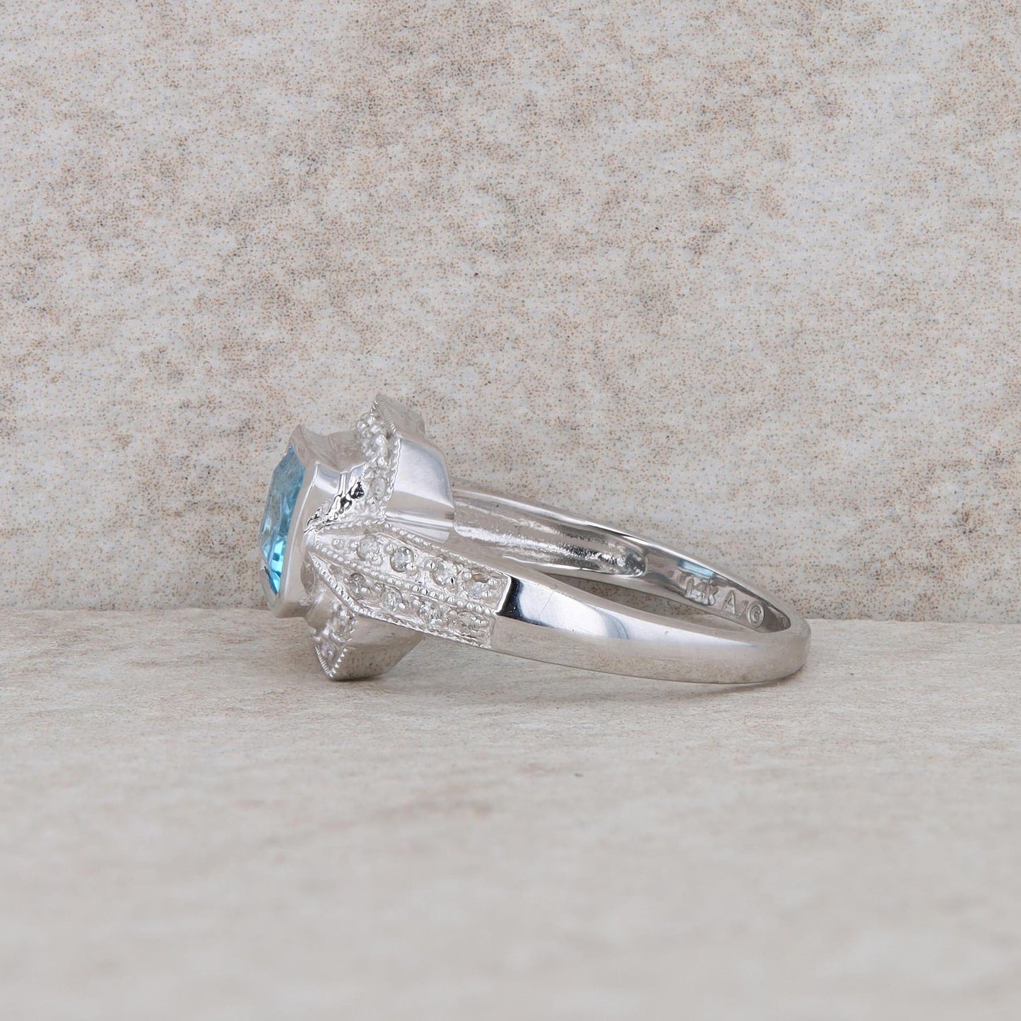 14k White Gold Blue Topaz and Diamond Halo Ring