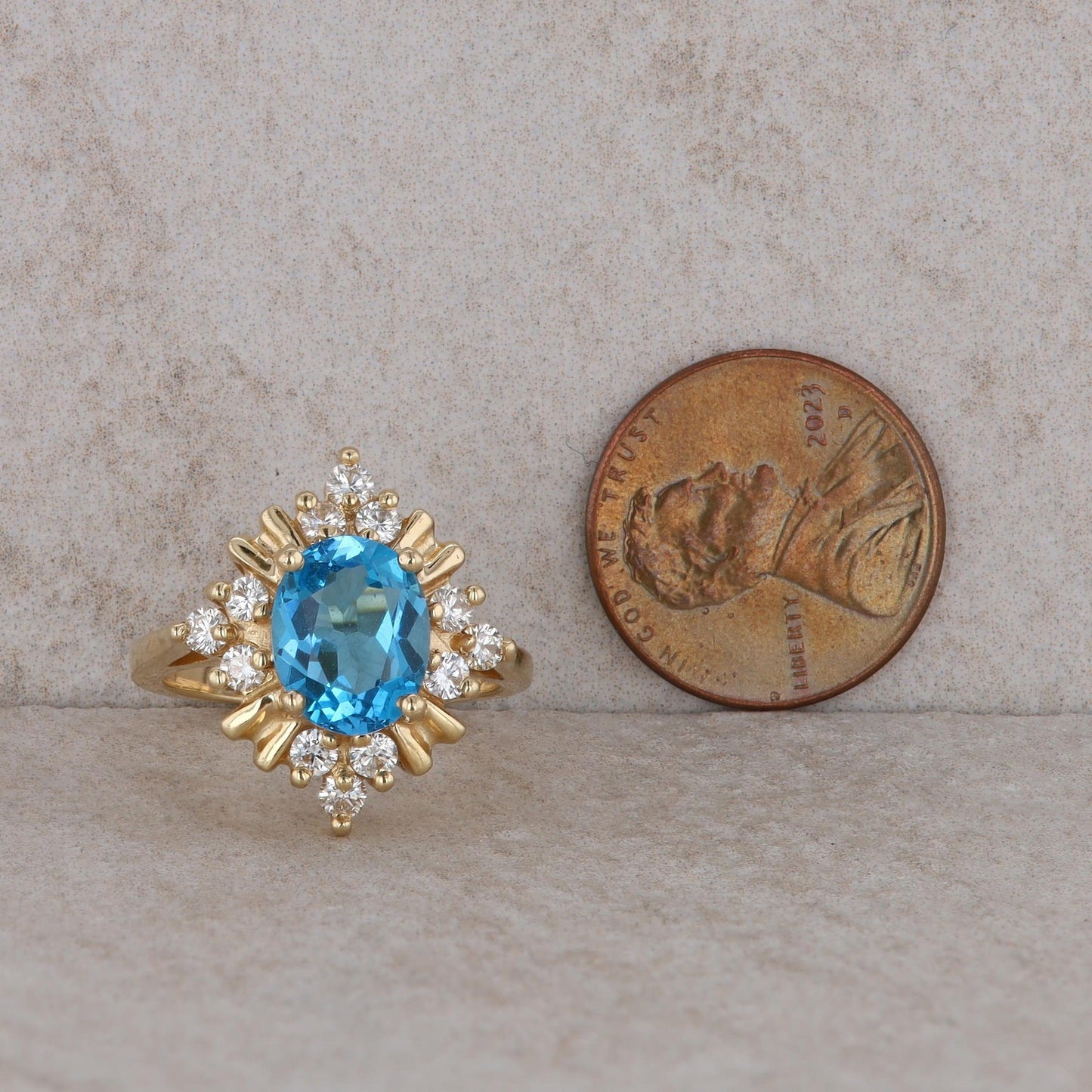 14k Yellow Gold Blue Topaz and Diamond Fashion Ring