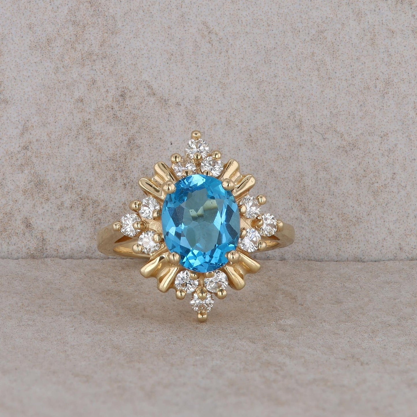 14k Yellow Gold Blue Topaz and Diamond Fashion Ring