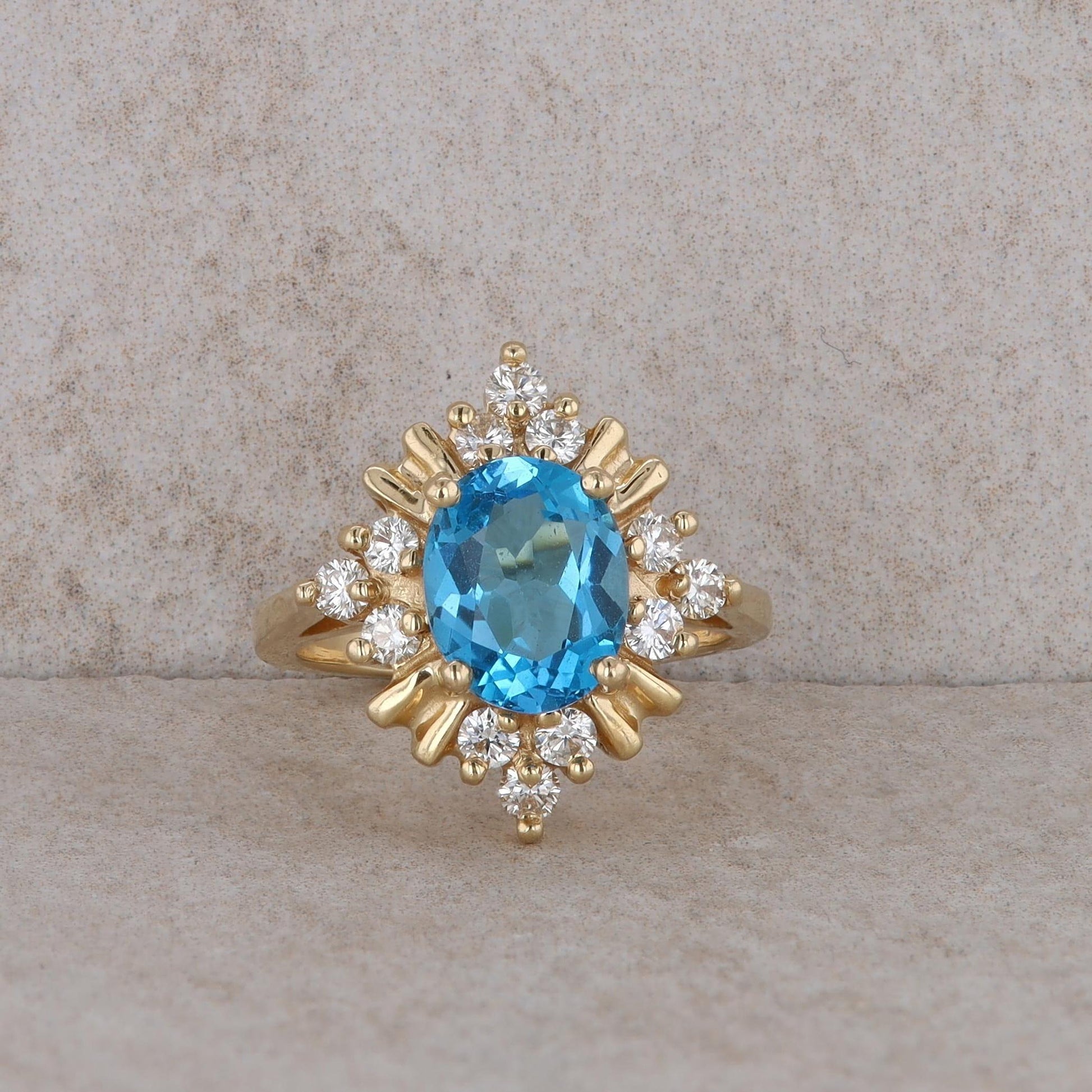 14k Yellow Gold Blue Topaz and Diamond Fashion Ring