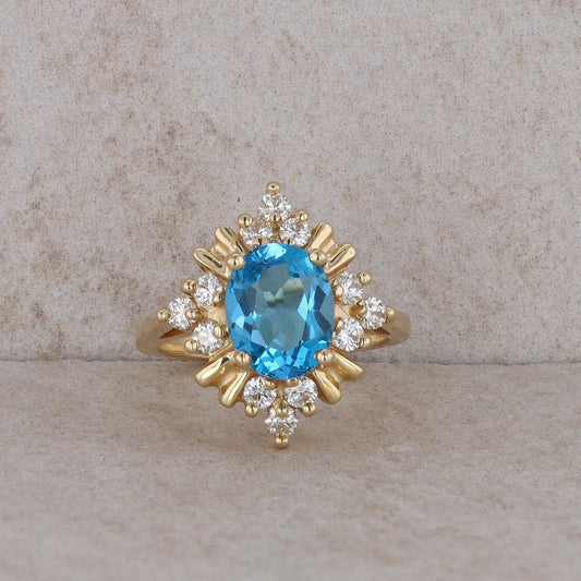 14k Yellow Gold Blue Topaz and Diamond Fashion Ring