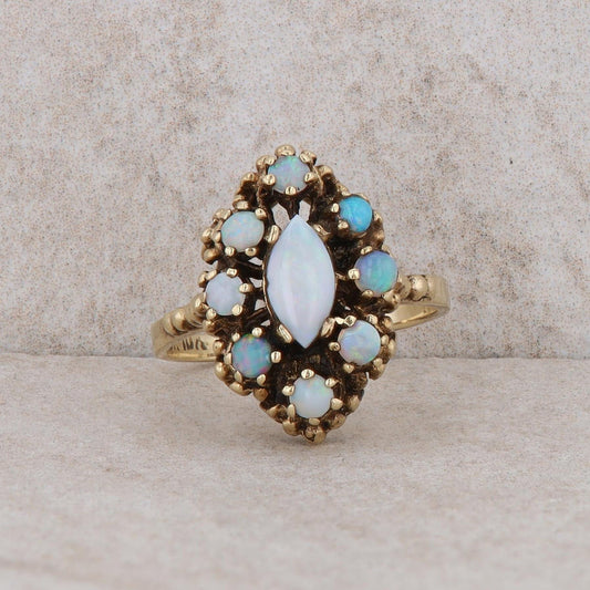 10k Yellow Gold Opal Cabochon Marquise Cluster Ring