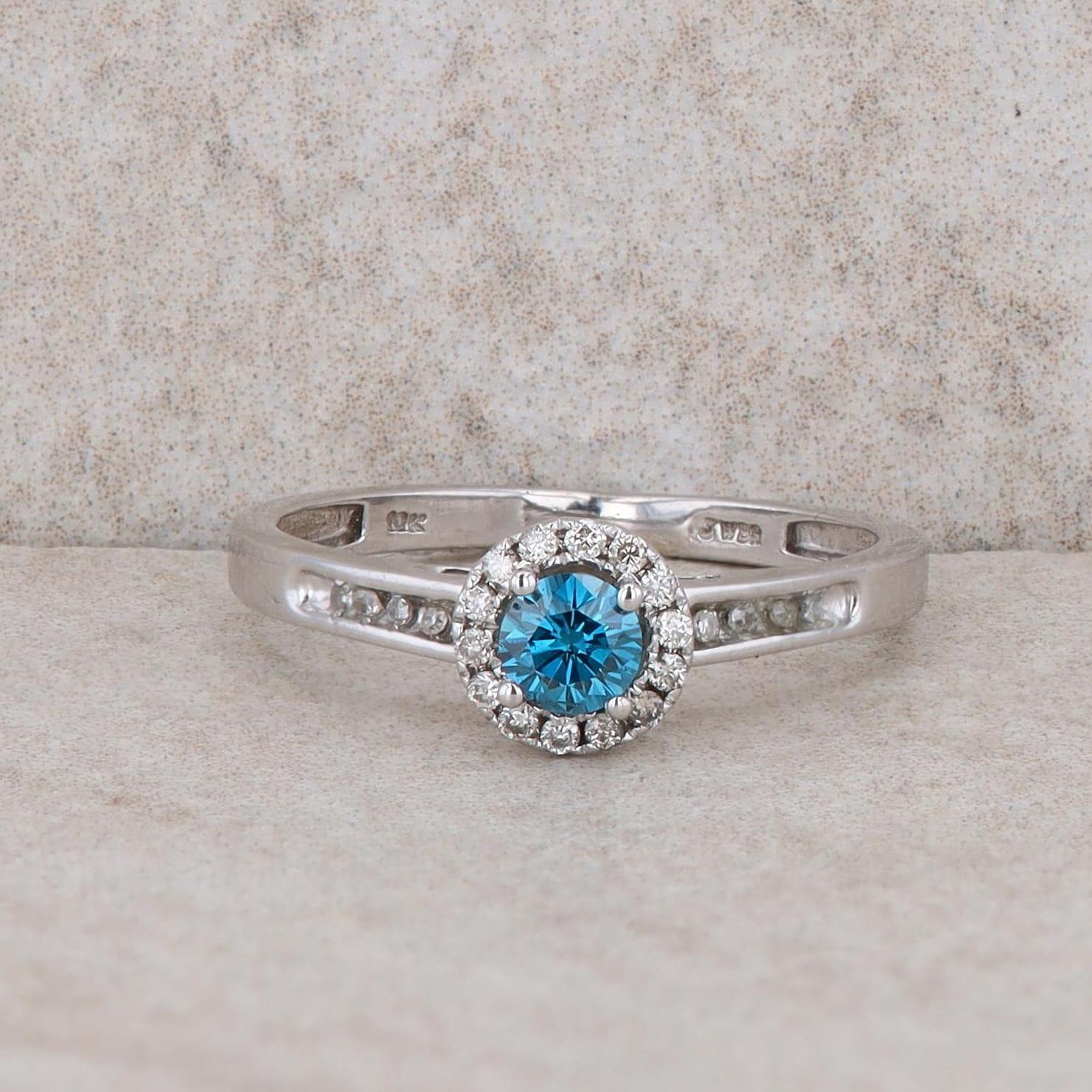 10k White Gold Color Enhanced Blue Diamond and Diamond Halo Ring