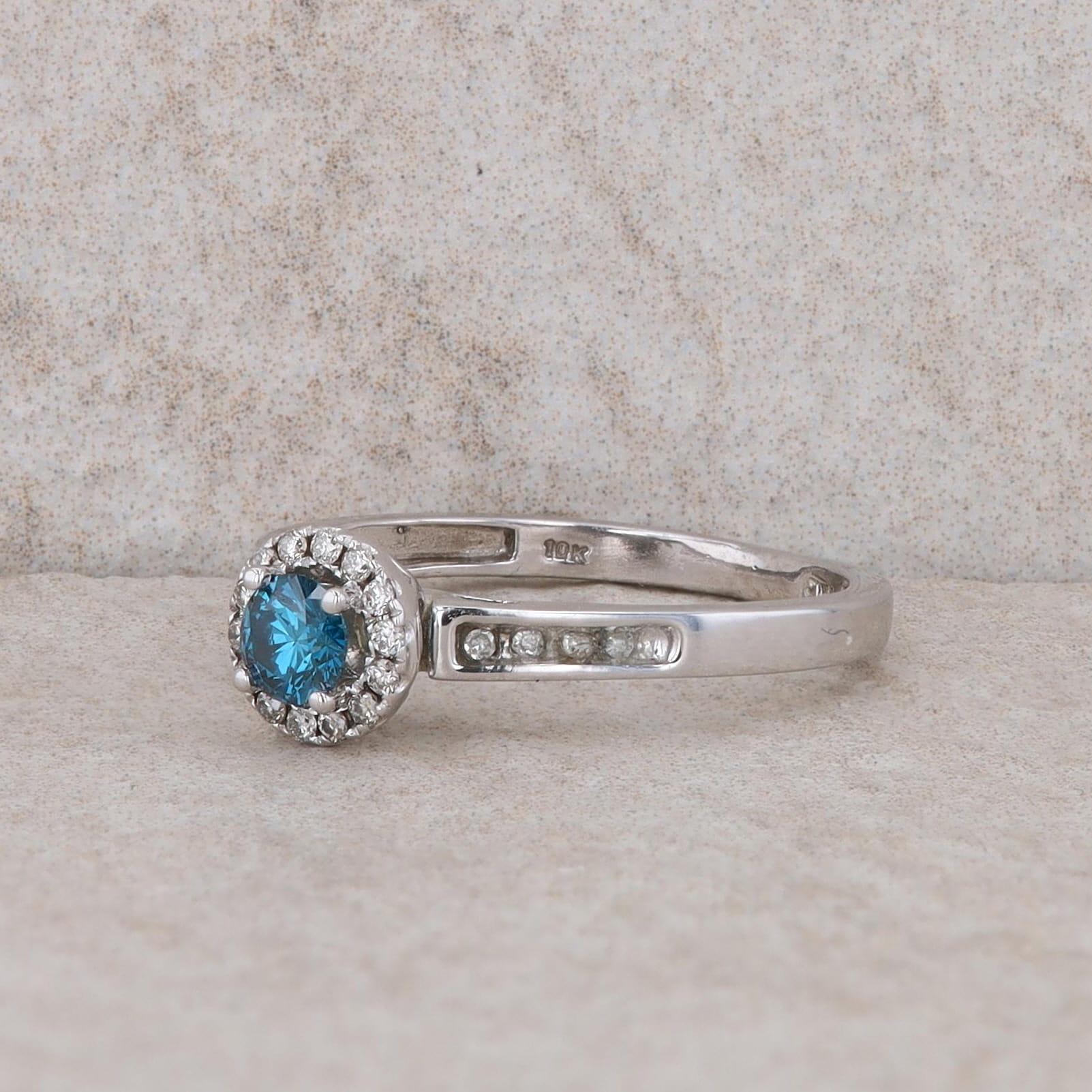 10k White Gold Color Enhanced Blue Diamond and Diamond Halo Ring