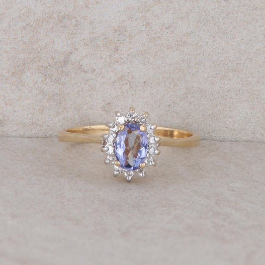 14k Yellow Gold Tanzanite and Diamond Halo Ring