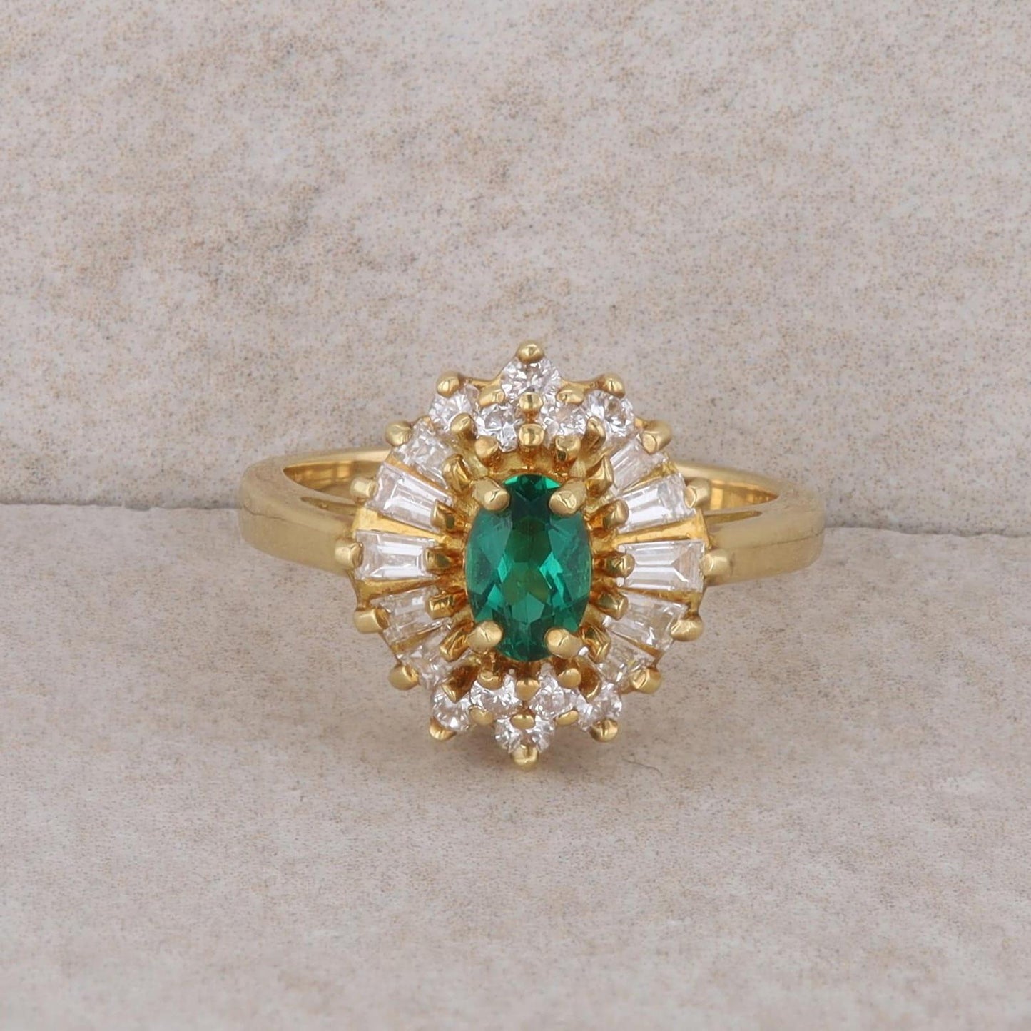 18k Yellow Gold Lab Grown Emerald Diamond Ballerina Style Halo Ring