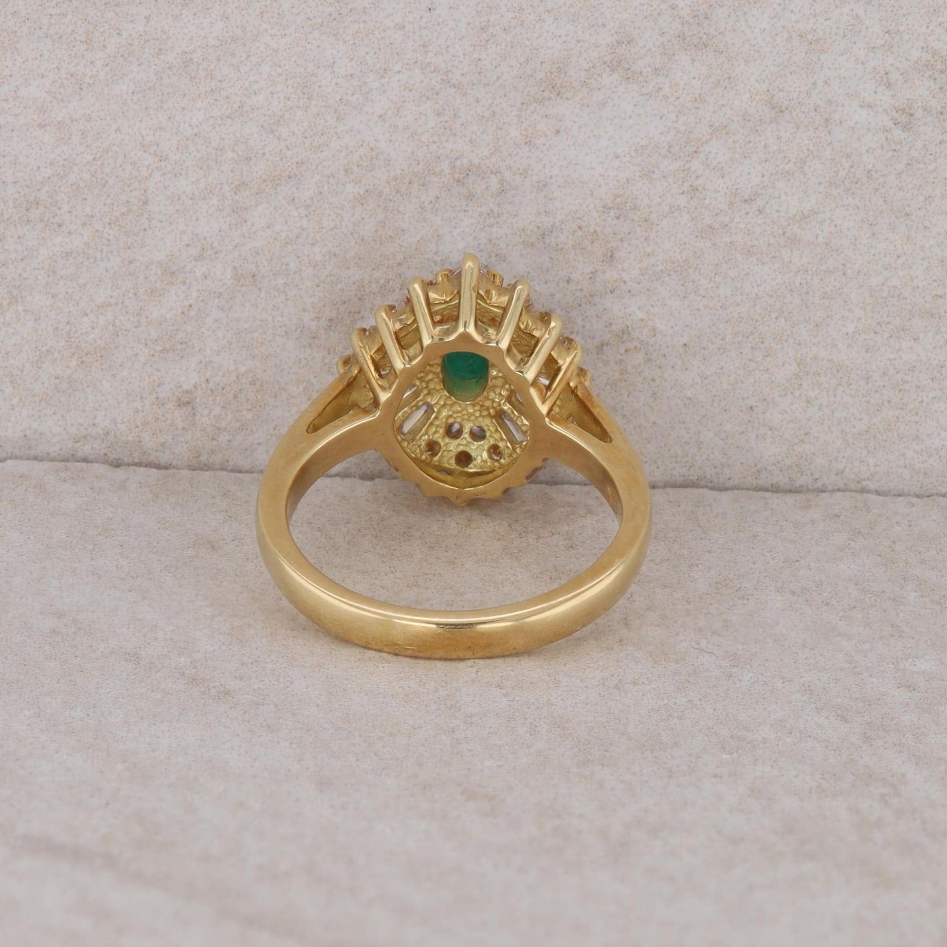 18k Yellow Gold Lab Grown Emerald Diamond Ballerina Style Halo Ring