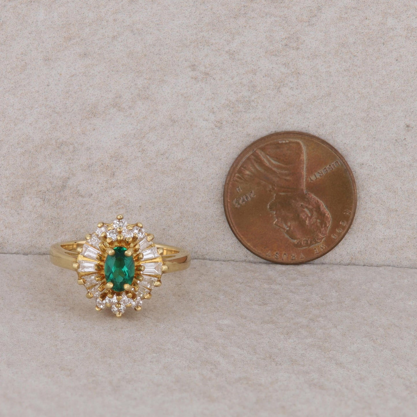 18k Yellow Gold Lab Grown Emerald Diamond Ballerina Style Halo Ring