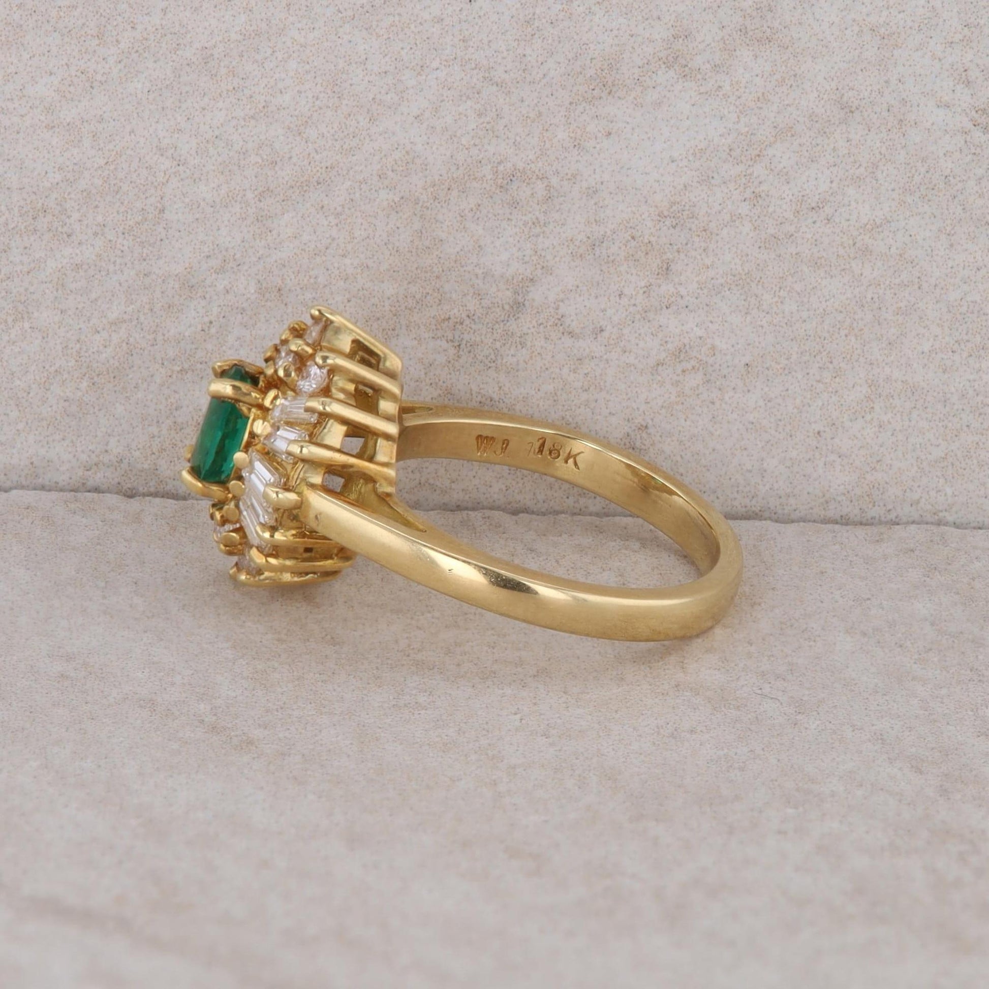 18k Yellow Gold Lab Grown Emerald Diamond Ballerina Style Halo Ring