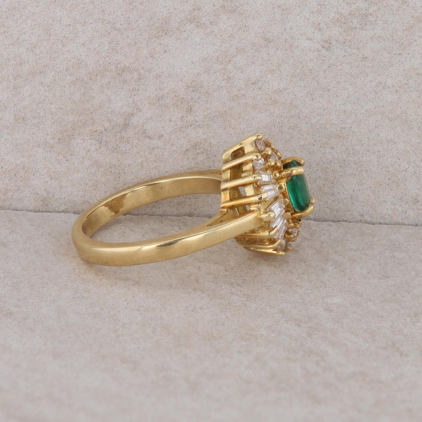 18k Yellow Gold Lab Grown Emerald Diamond Ballerina Style Halo Ring