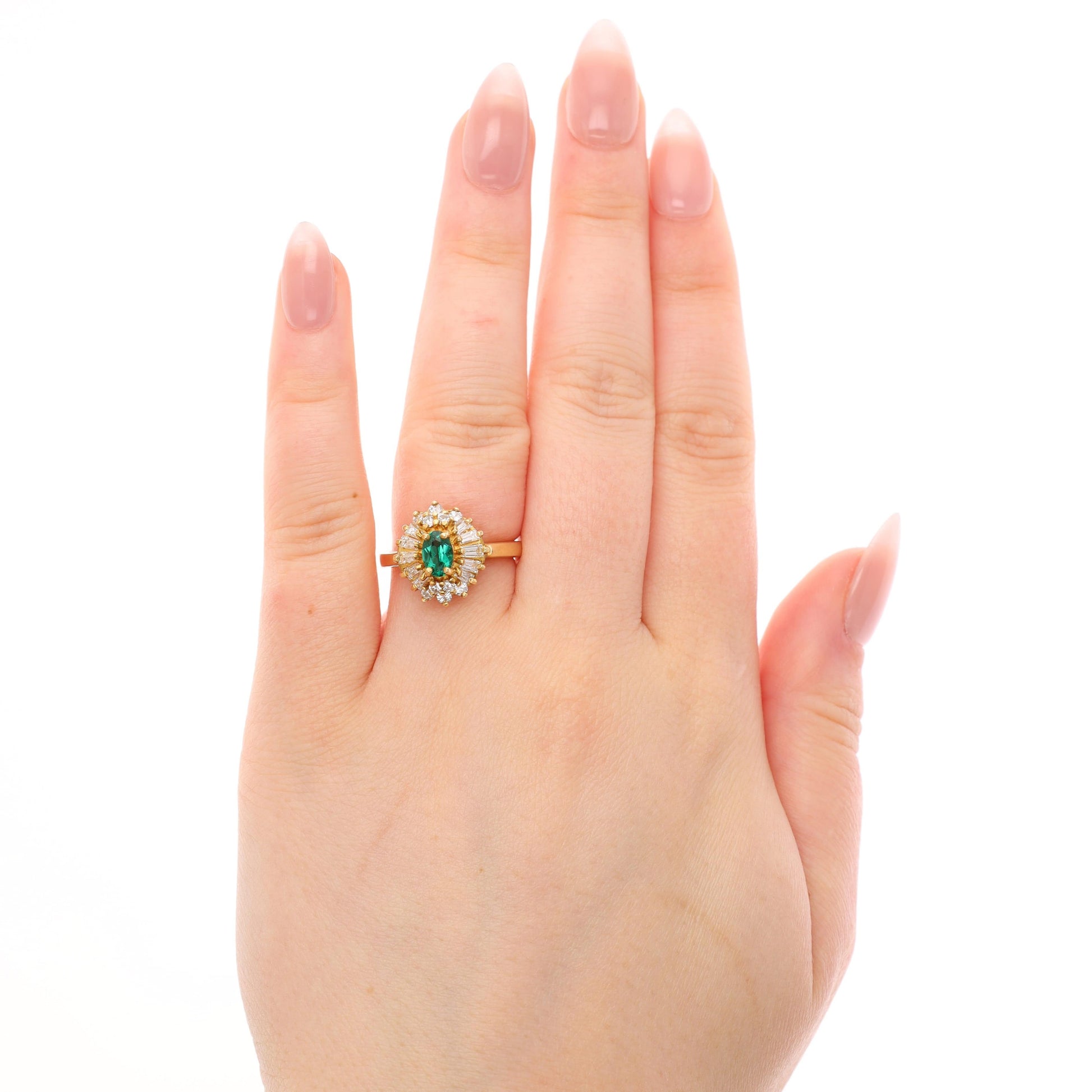 18k Yellow Gold Lab Grown Emerald Diamond Ballerina Style Halo Ring