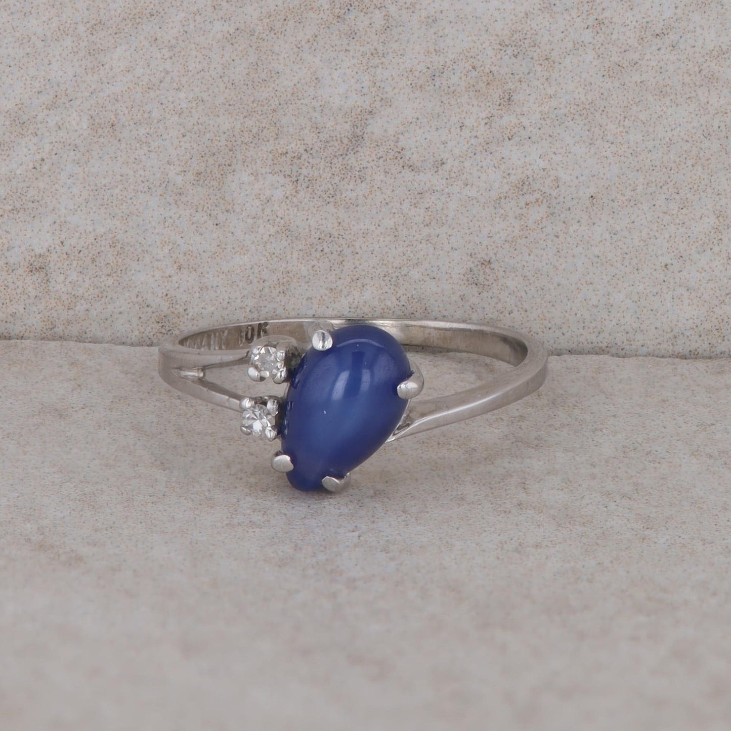 10k White Romany Lab Grown Pear Shaped Blue Star Sapphire and Diamond Ring