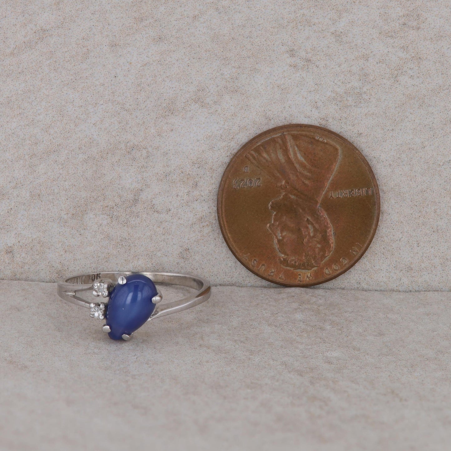 10k White Romany Lab Grown Pear Shaped Blue Star Sapphire and Diamond Ring