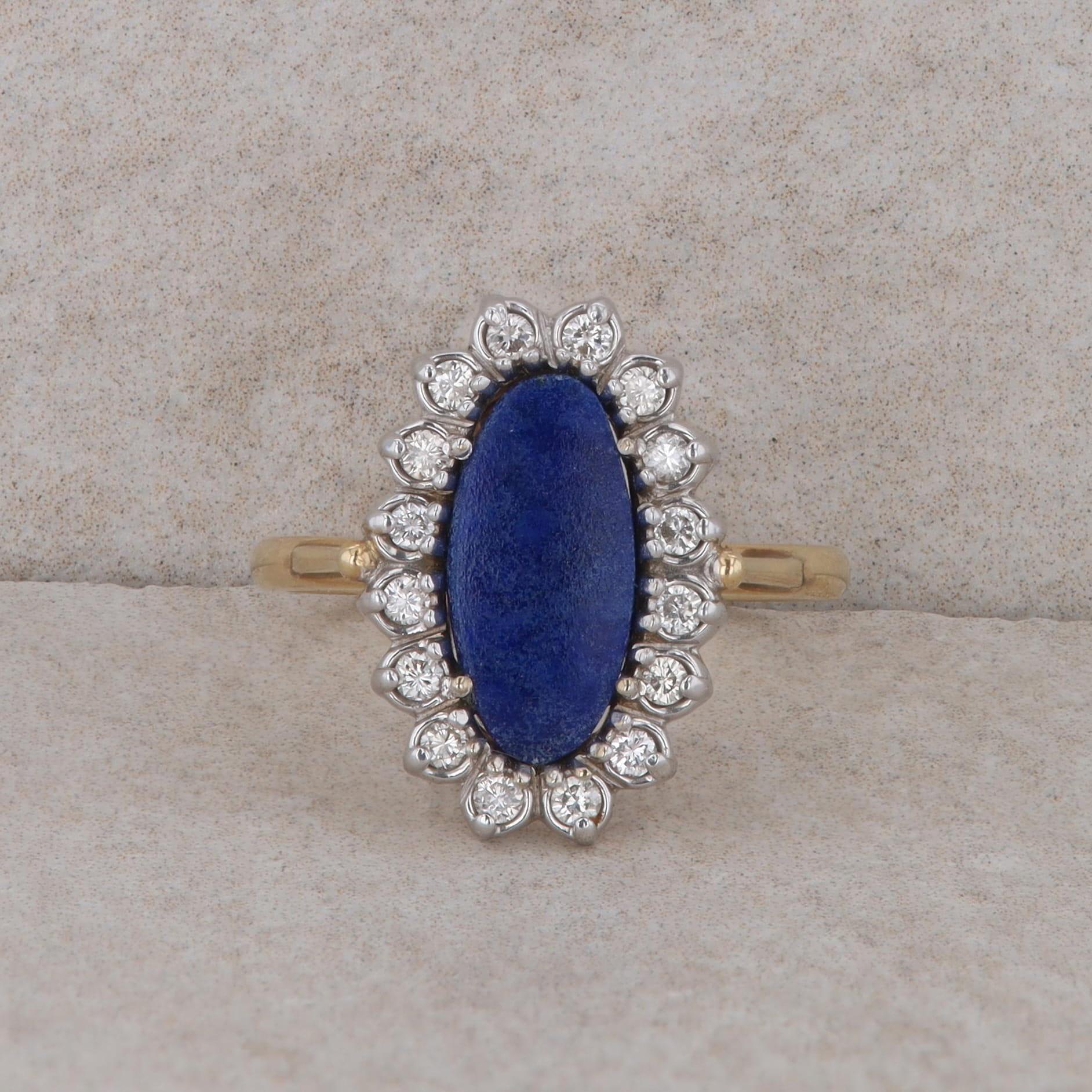 14k Yellow Gold Oval Lapis and Diamond Halo Ring