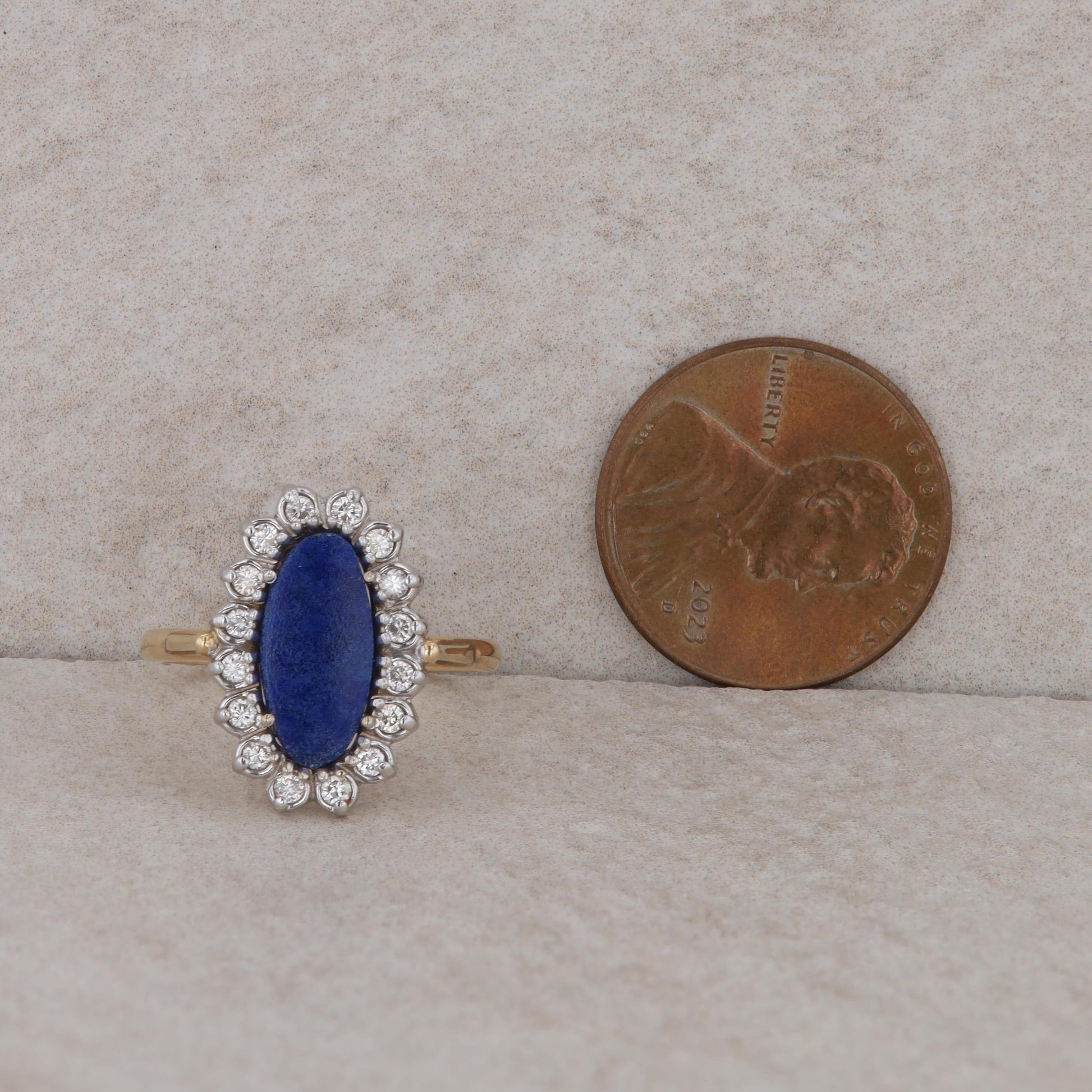 14k Yellow Gold Oval Lapis and Diamond Halo Ring