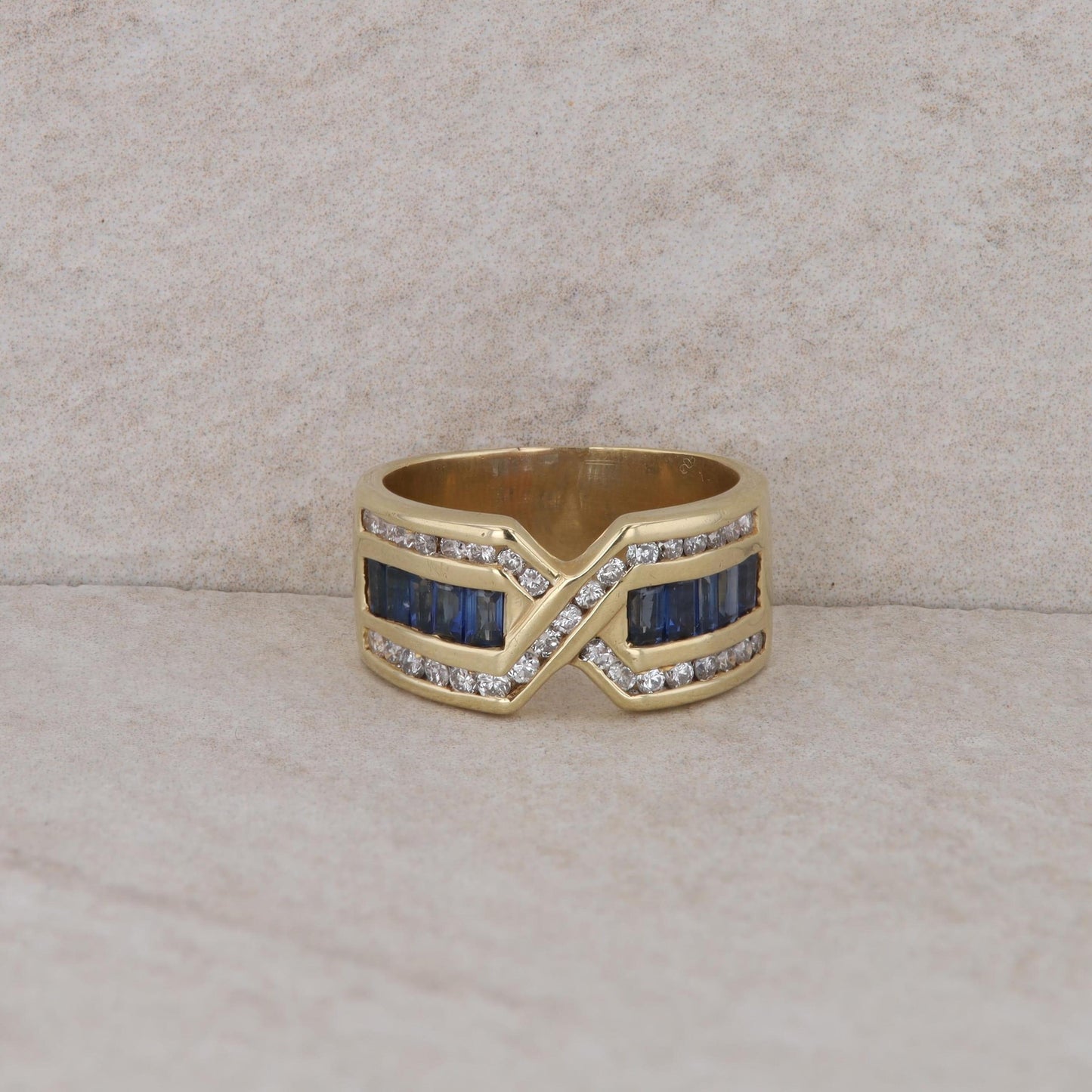 14k Yellow Gold Criss Cross Diamond and Sapphire Band